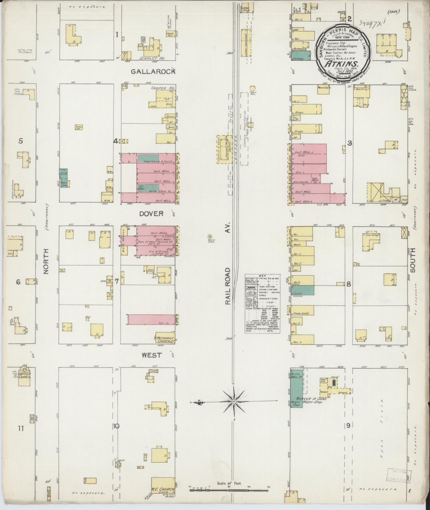 Sanborn Fire Insurance Map from Atkins, Pope County, Arkansas (1892), Sheet #0001 - Historic Sanborn Fire Insurance Map Print, vintage old map wall art, antique decor, genealogy gift, Arkansas Arkansas map