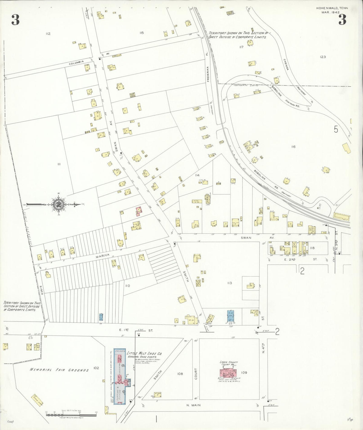 Sanborn Fire Insurance Map from Hohenwald, Lewis County, Tennessee (1942), Sheet #0003 - Historic Sanborn Fire Insurance Map Print, vintage old map wall art, antique decor, genealogy gift, Tennessee Tennessee map