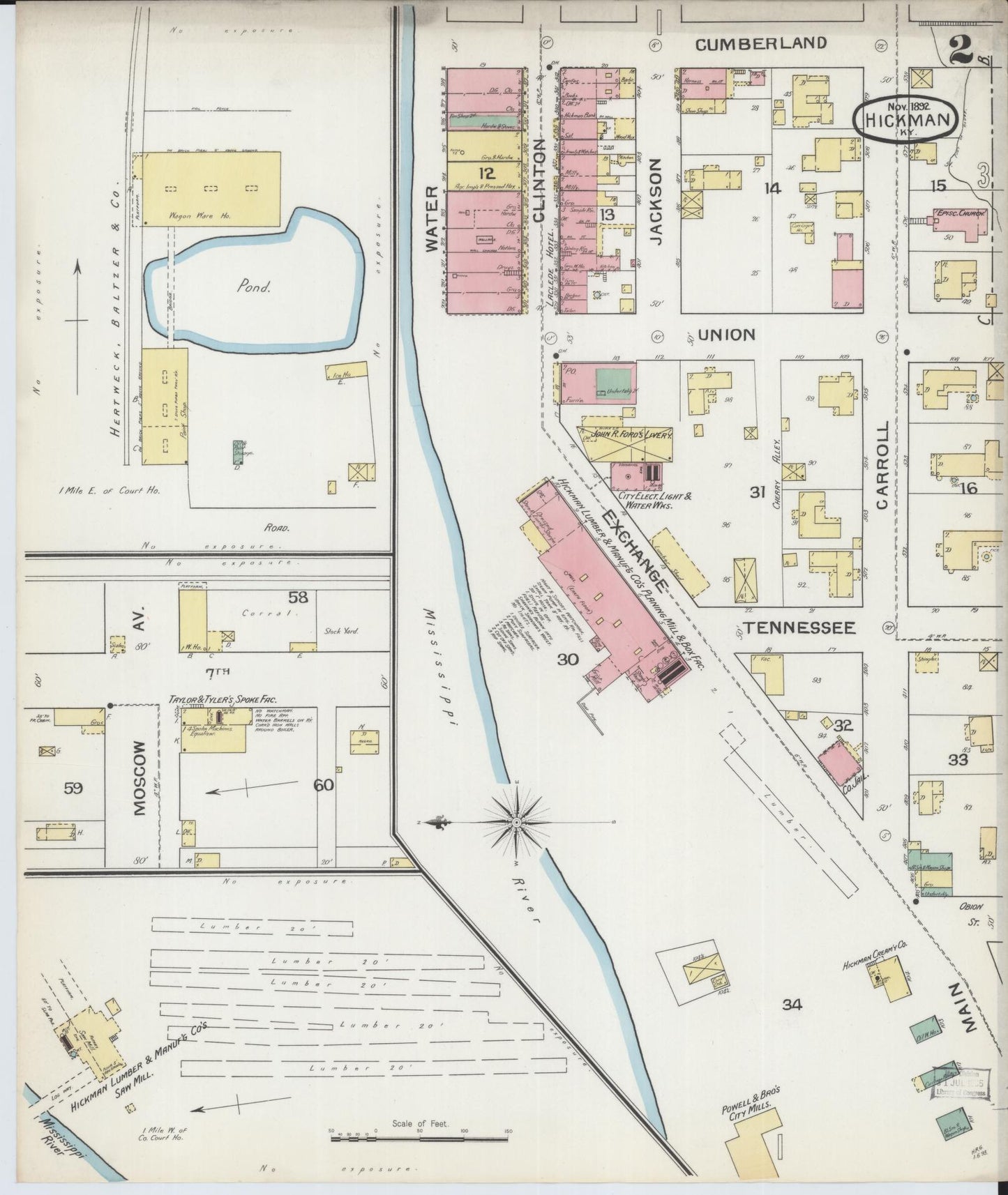 Sanborn Fire Insurance Map from Hickman, Fulton County, Kentucky (1892), Sheet #0002 - Complete Map Set gallery image, historic Sanborn map, vintage wall art, Kentucky Kentucky