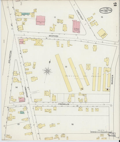 Sanborn Fire Insurance Map from Arlington, Middlesex County, Massachusetts (1892), Sheet #0002 - Historic Sanborn Fire Insurance Map Print, vintage old map wall art, antique decor, genealogy gift, Massachusetts Massachusetts map