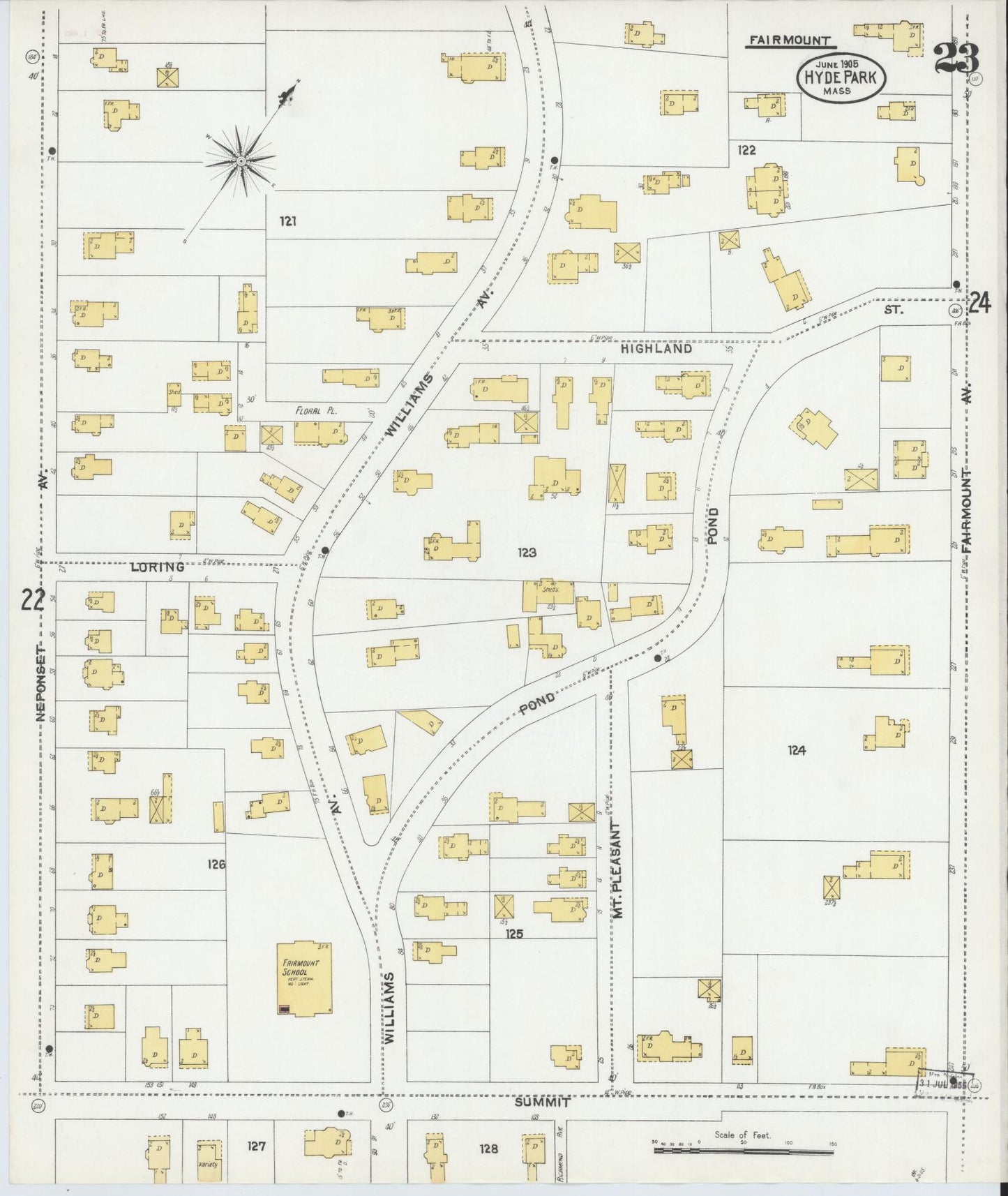 Sanborn Fire Insurance Map from Hyde Park, Norfolk County, Massachusetts (1905), Sheet #0023 - Historic Sanborn Fire Insurance Map Print, vintage old map wall art, antique decor, genealogy gift, Massachusetts Massachusetts map