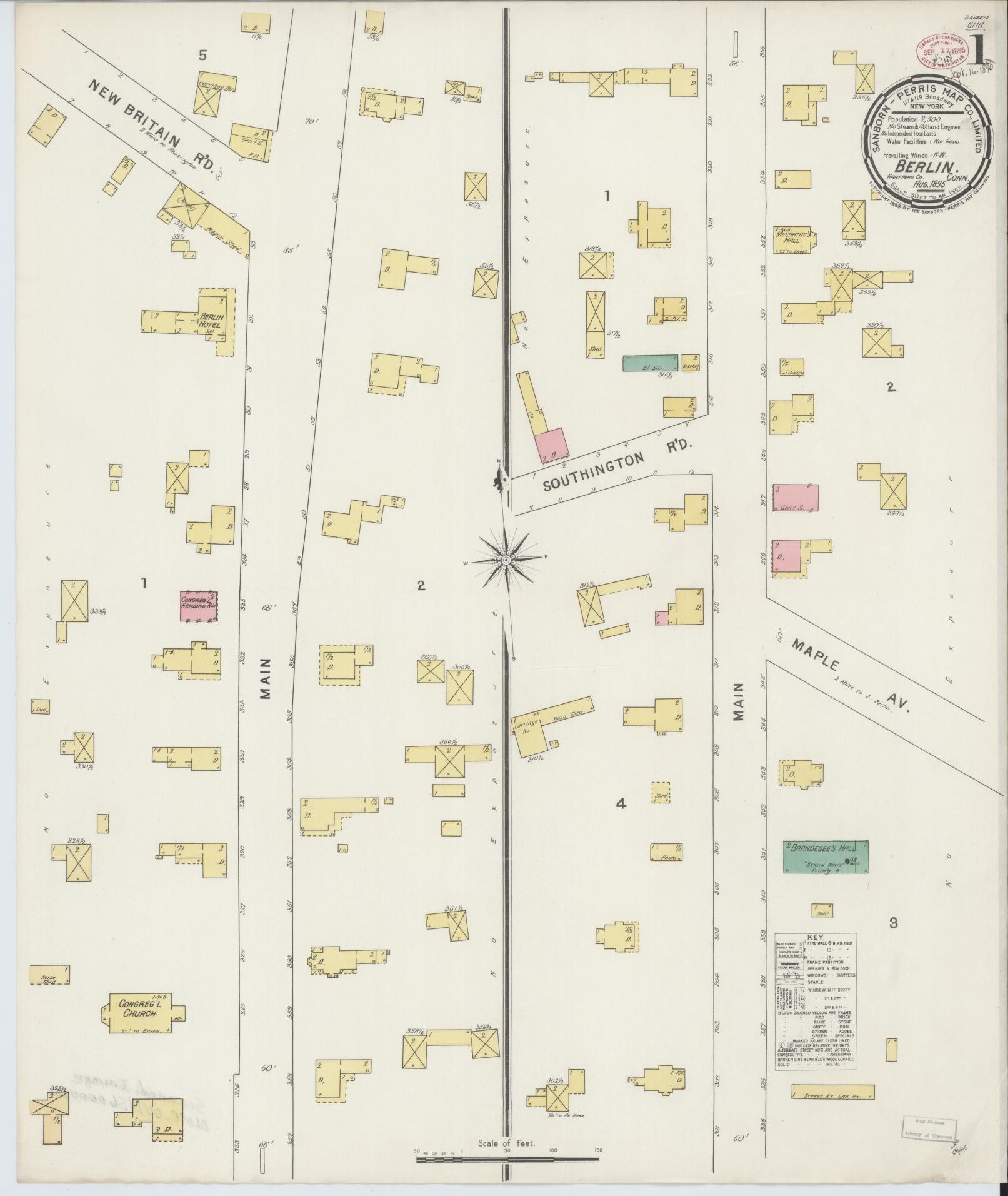 Sanborn Fire Insurance Map from Berlin, Hartford County, Connecticut (1895), Sheet #0001 - Historic Sanborn Fire Insurance Map Print, vintage old map wall art, antique decor, genealogy gift, Connecticut Connecticut map
