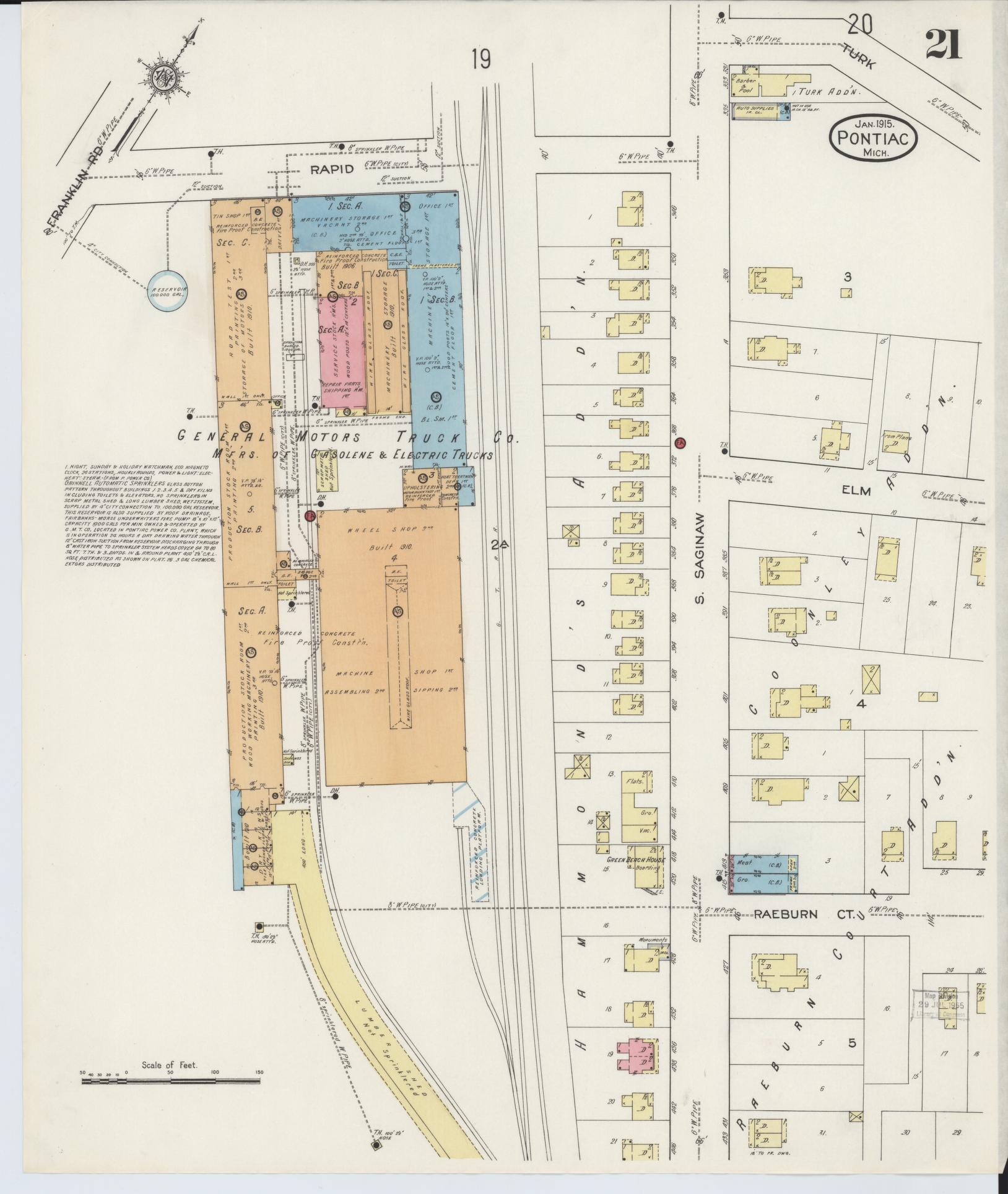 Sanborn Fire Insurance Map from Pontiac, Oakland County, Michigan (1915), Sheet #0021 - Historic Sanborn Fire Insurance Map Print, vintage old map wall art, antique decor, genealogy gift, Michigan Michigan map