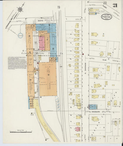 Sanborn Fire Insurance Map from Pontiac, Oakland County, Michigan (1915), Sheet #0021 - Historic Sanborn Fire Insurance Map Print, vintage old map wall art, antique decor, genealogy gift, Michigan Michigan map