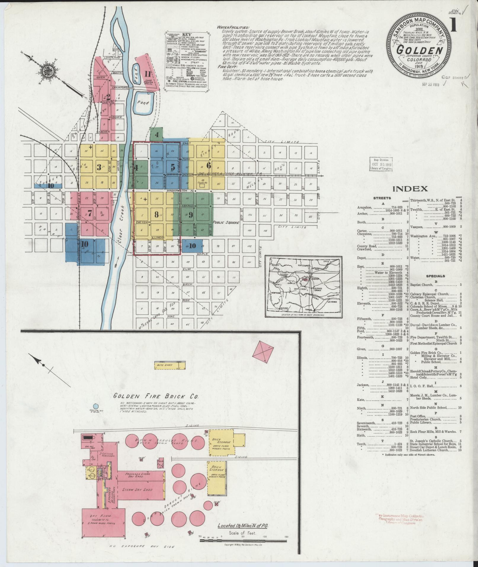 Sanborn Fire Insurance Map from Golden, Jefferson County, Colorado (1919), Sheet #0001 - Historic Sanborn Fire Insurance Map Print, vintage old map wall art, antique decor, genealogy gift, Colorado Colorado map