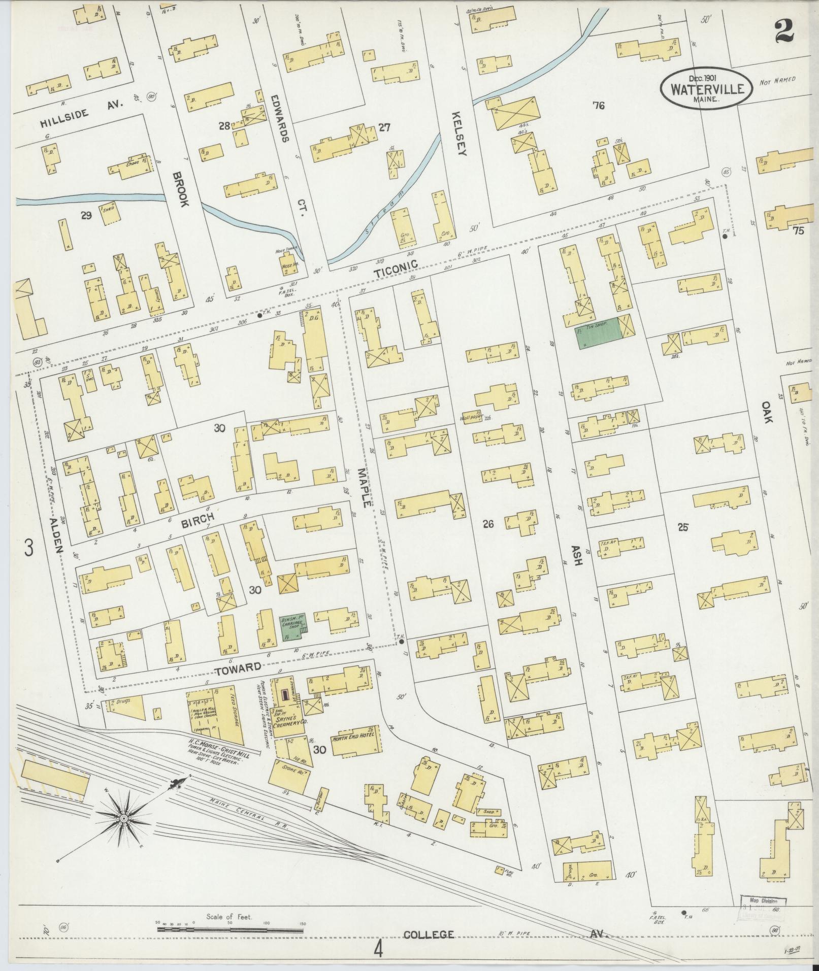 Sanborn Fire Insurance Map from Waterville, Kennebec County, Maine (1901), Sheet #0002 - Complete Map Set gallery image, historic Sanborn map, vintage wall art, Maine Maine