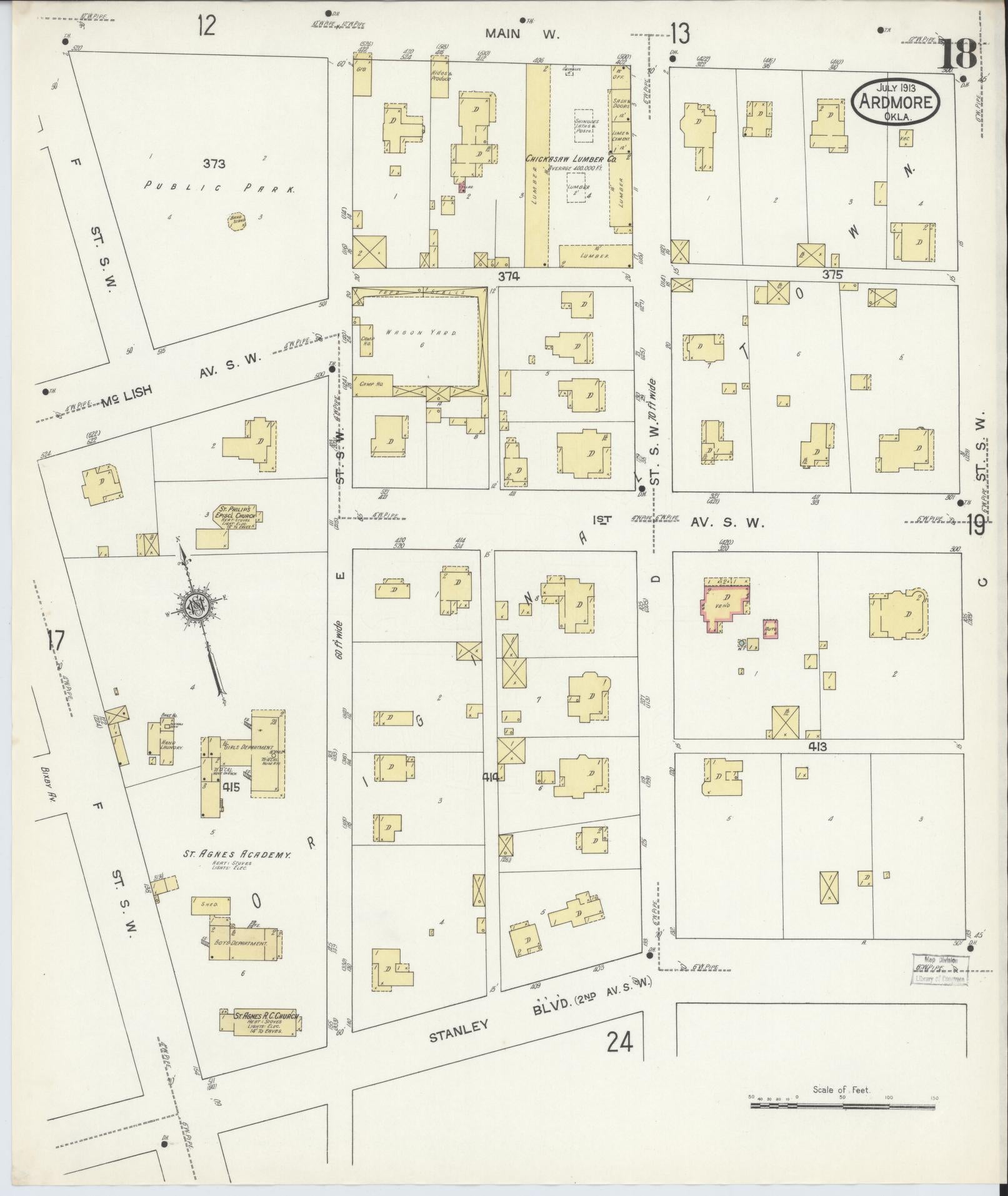 Sanborn Fire Insurance Map from Ardmore, Carter County, Oklahoma (1913), Sheet #0018 - Historic Sanborn Fire Insurance Map Print, vintage old map wall art, antique decor, genealogy gift, Oklahoma Oklahoma map