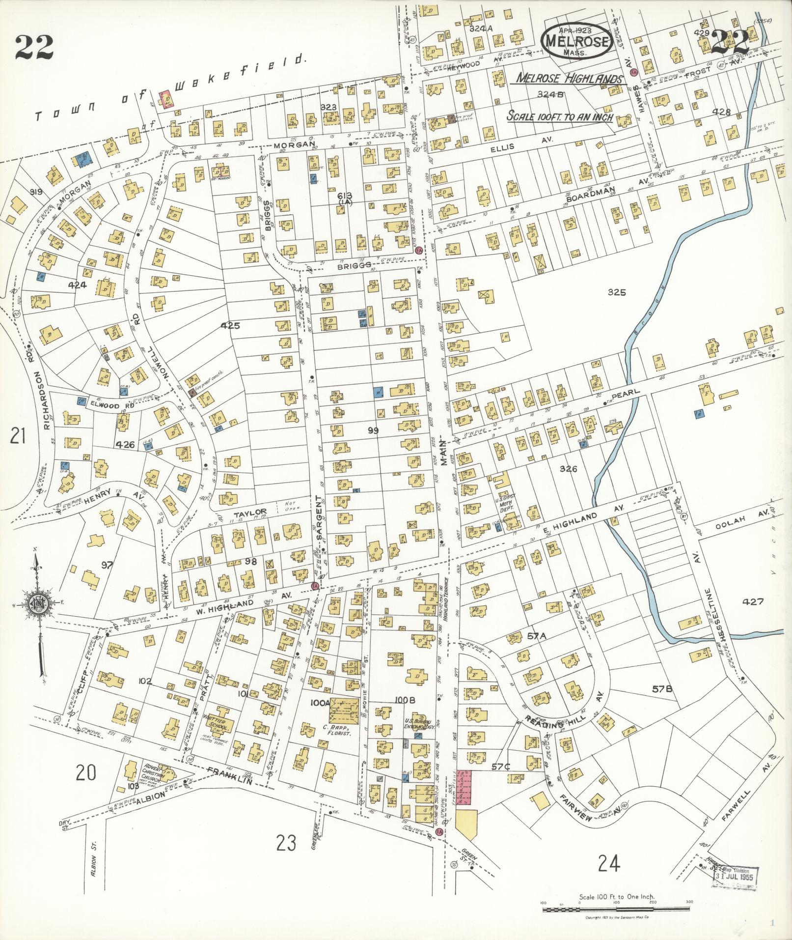 Sanborn Fire Insurance Map from Melrose, Middlesex County, Massachusetts (1923), Sheet #0022 - Complete Map Set gallery image, historic Sanborn map, vintage wall art, Massachusetts Massachusetts
