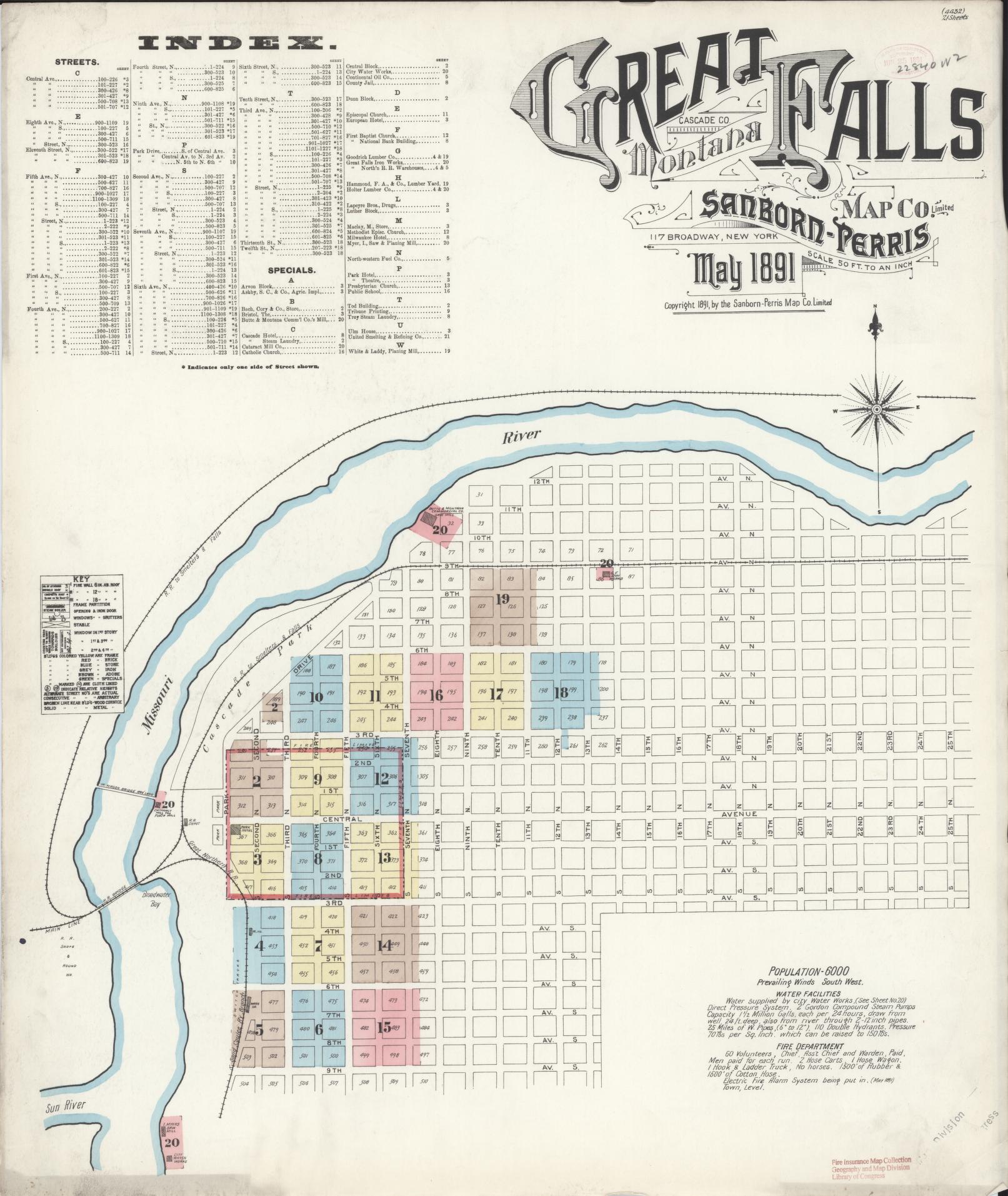 Sanborn Fire Insurance Map from Great Falls, Cascade County, Montana (1891), Sheet #0001 - Historic Sanborn Fire Insurance Map Print, vintage old map wall art, antique decor, genealogy gift, Montana Montana map