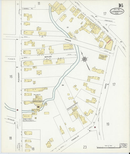 Sanborn Fire Insurance Map from Leominster, Worcester County, Massachusetts (1912), Sheet #0016 - Historic Sanborn Fire Insurance Map Print, vintage old map wall art, antique decor, genealogy gift, Massachusetts Massachusetts map