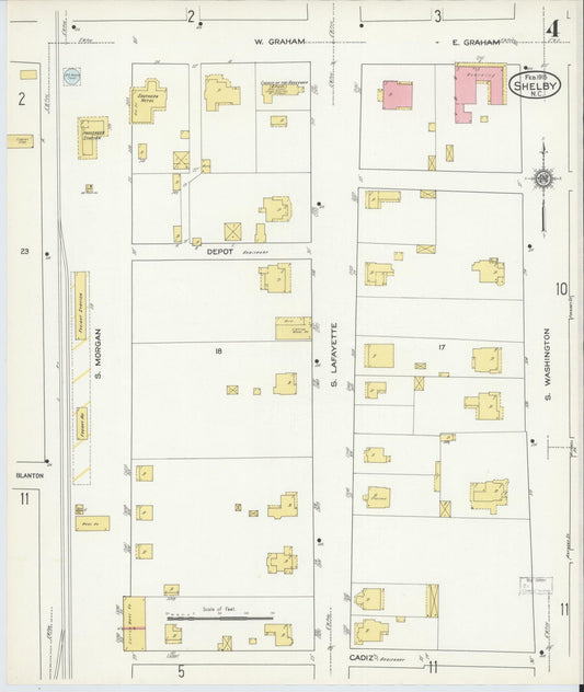 Sanborn Fire Insurance Map from Shelby, Cleveland County, North Carolina (1916), Sheet #0004 - Historic Sanborn Fire Insurance Map Print, vintage old map wall art, antique decor, genealogy gift, North Carolina North Carolina map