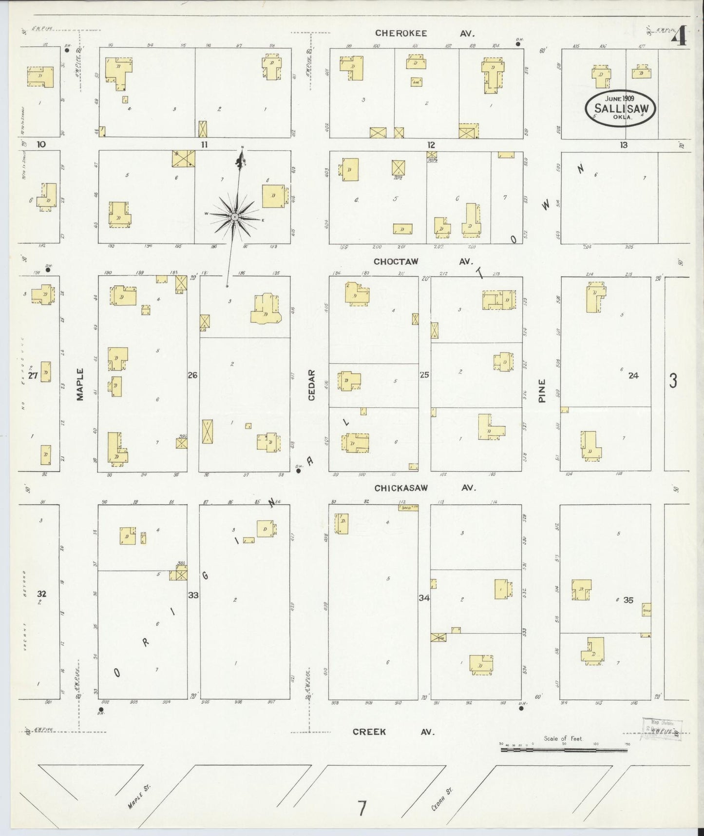 Sanborn Fire Insurance Map from Sallisaw, Sequoyah County, Oklahoma (1909), Sheet #0004 - Complete Map Set gallery image, historic Sanborn map, vintage wall art, Oklahoma Oklahoma