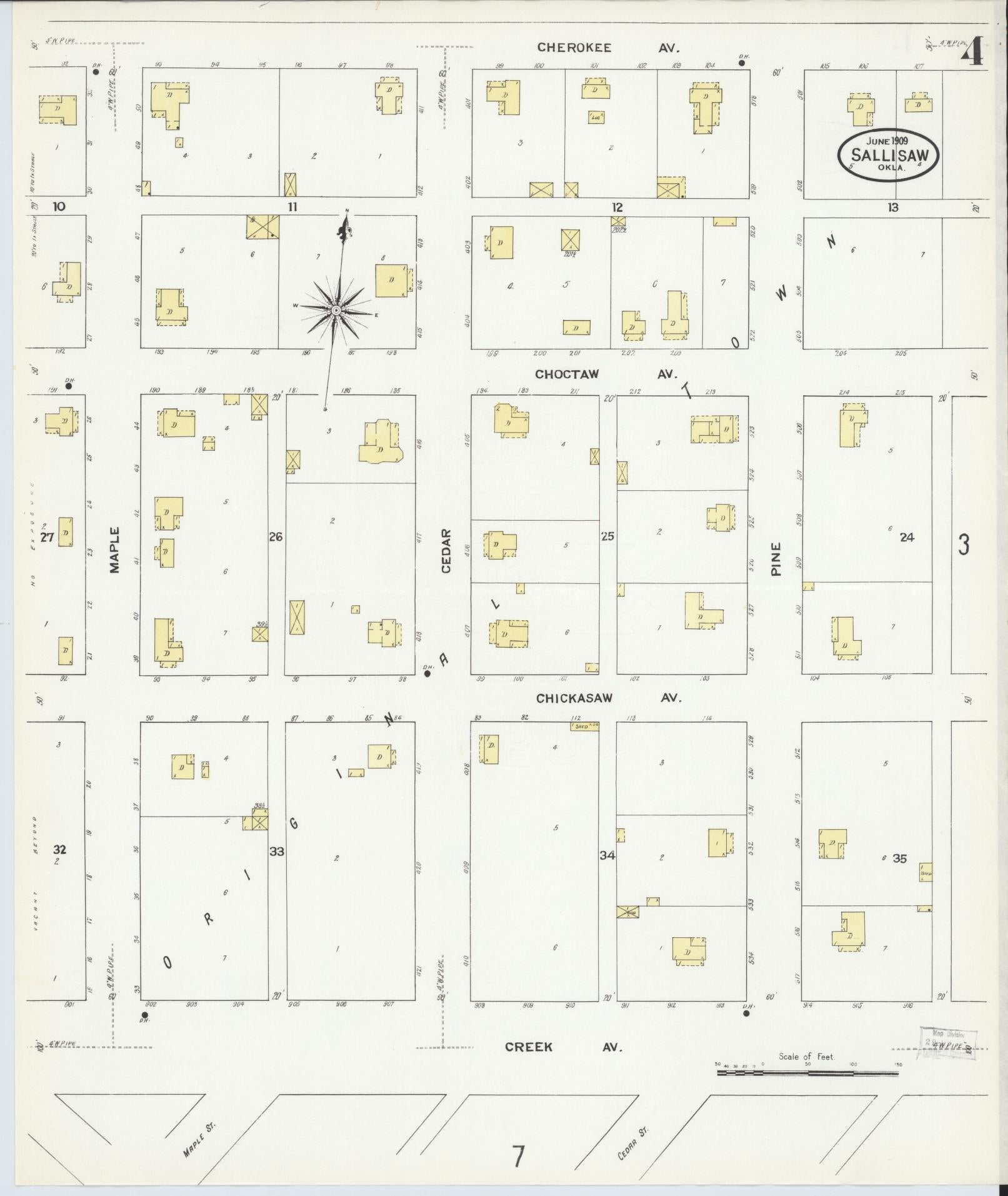 Sanborn Fire Insurance Map from Sallisaw, Sequoyah County, Oklahoma (1909), Sheet #0004 - Complete Map Set gallery image, historic Sanborn map, vintage wall art, Oklahoma Oklahoma