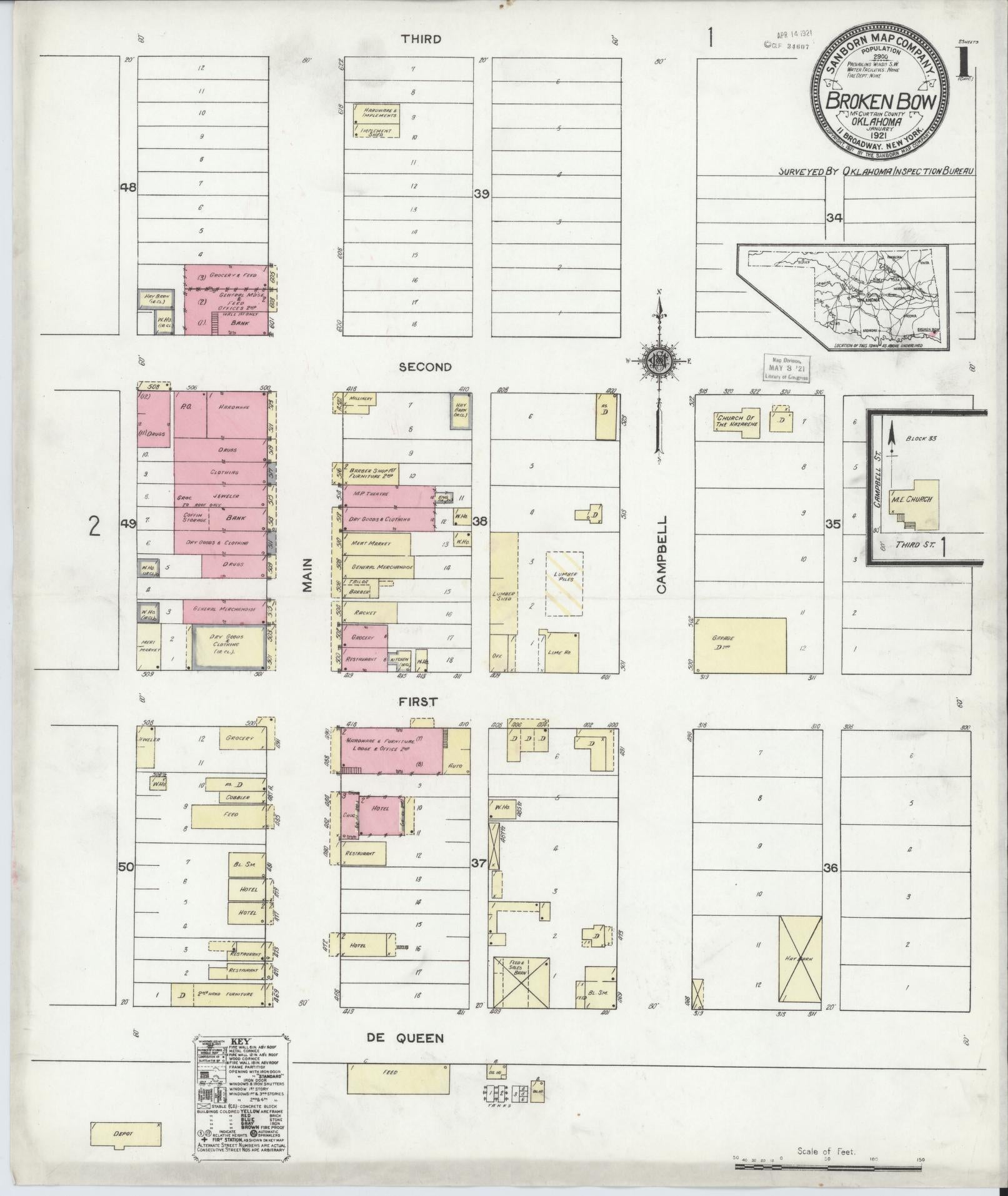 Sanborn Fire Insurance Map from Broken Bow, McCurtain County, Oklahoma (1921), Sheet #0001 - Historic Sanborn Fire Insurance Map Print, vintage old map wall art, antique decor, genealogy gift, Oklahoma Oklahoma map