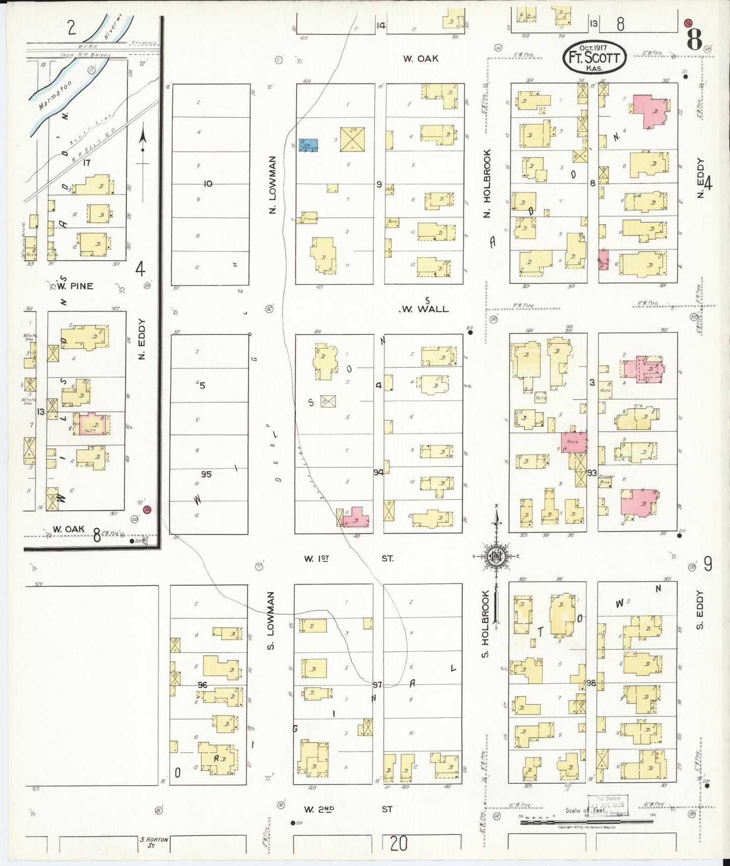 Sanborn Fire Insurance Map from Fort Scott, Bourbon County, Kansas (1917), Sheet #0008 - Complete Map Set gallery image, historic Sanborn map, vintage wall art, Kansas Kansas