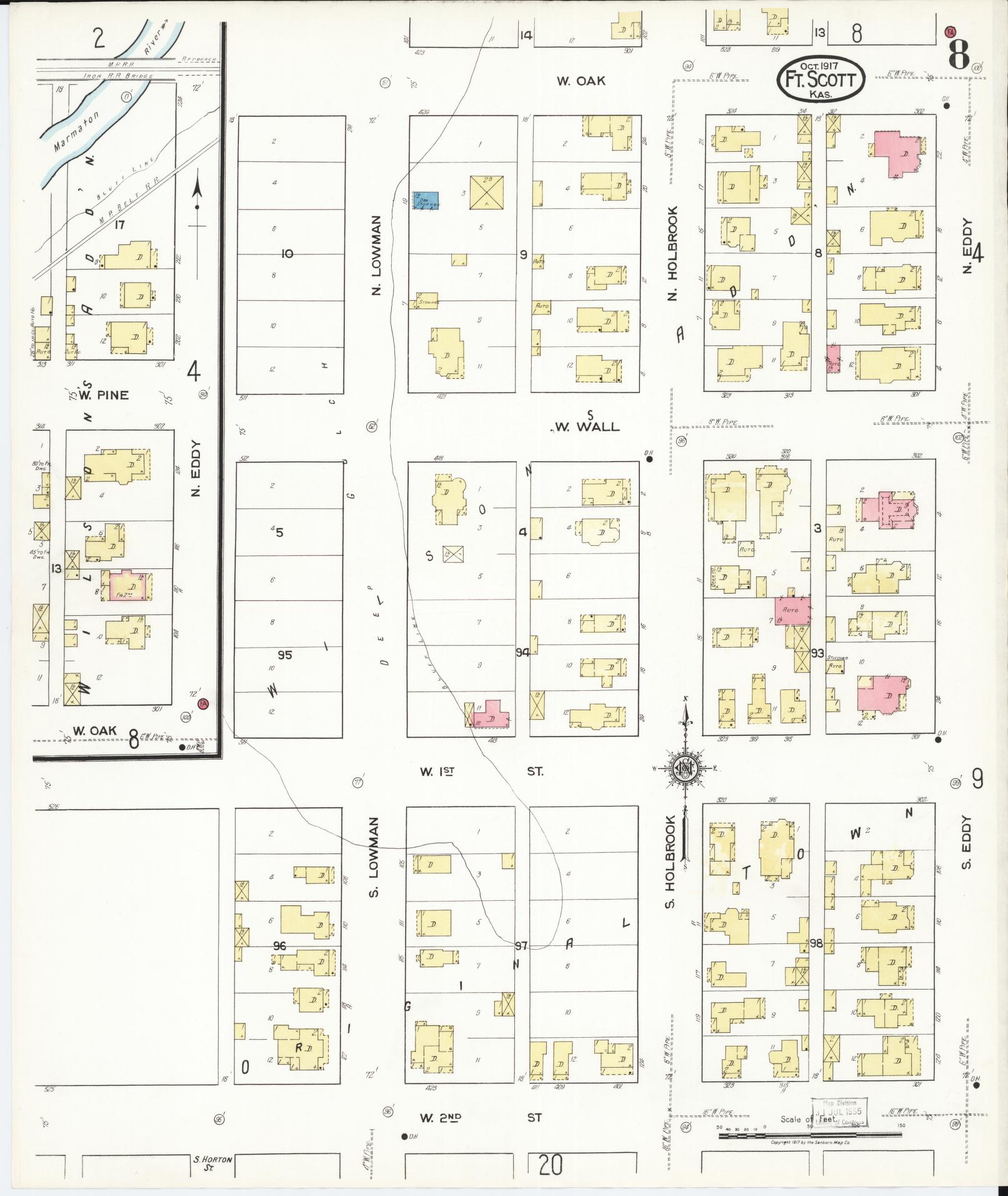 Sanborn Fire Insurance Map from Fort Scott, Bourbon County, Kansas (1917), Sheet #0008 - Complete Map Set gallery image, historic Sanborn map, vintage wall art, Kansas Kansas