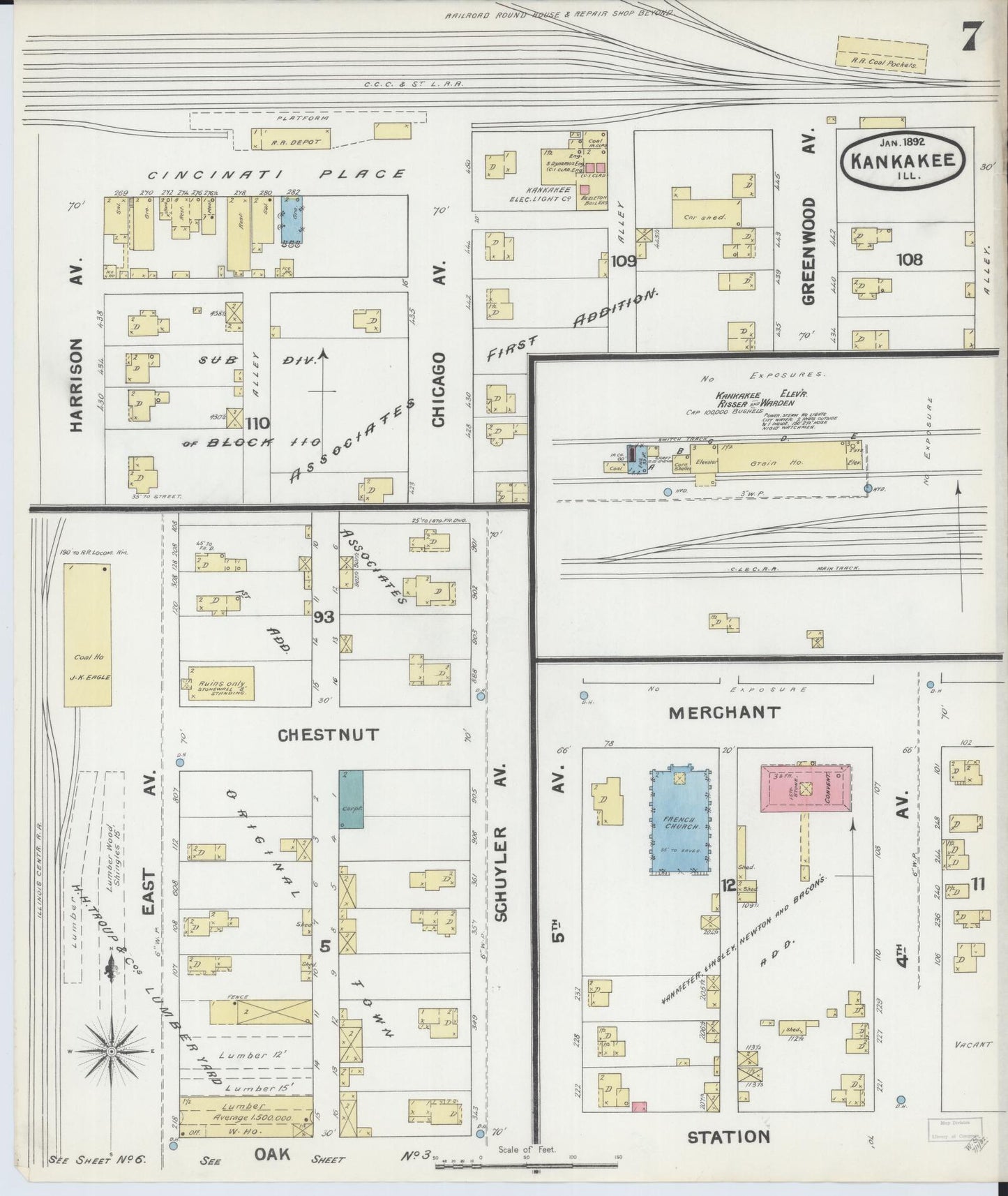Sanborn Fire Insurance Map from Kankakee, Kankakee County, Illinois (1892), Sheet #0007 - Historic Sanborn Fire Insurance Map Print, vintage old map wall art, antique decor, genealogy gift, Illinois Illinois map