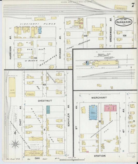 Sanborn Fire Insurance Map from Kankakee, Kankakee County, Illinois (1892), Sheet #0007 - Historic Sanborn Fire Insurance Map Print, vintage old map wall art, antique decor, genealogy gift, Illinois Illinois map