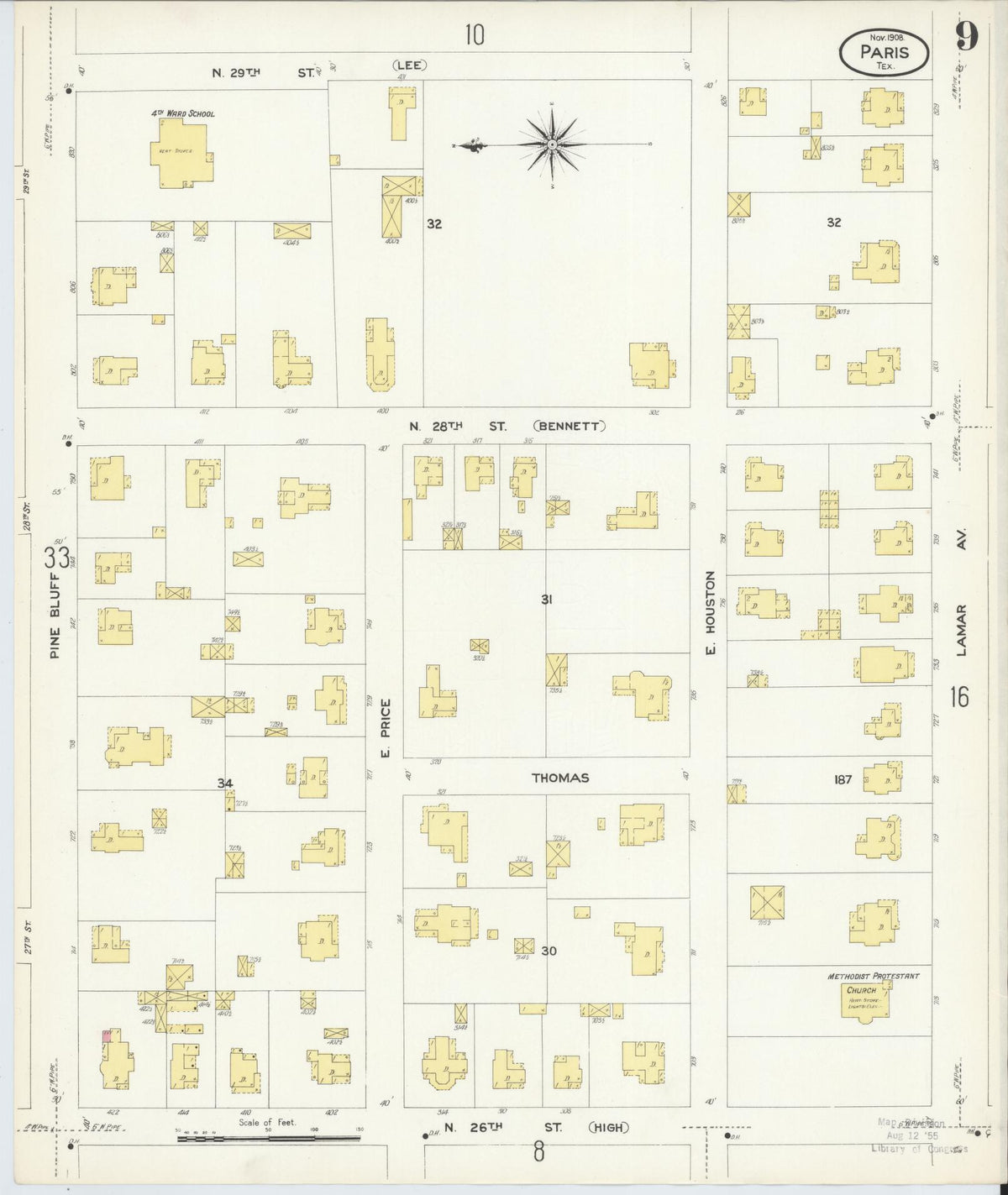 Sanborn Fire Insurance Map from Paris, Lamar County, Texas (1908), Sheet #0009 - Historic Sanborn Fire Insurance Map Print, vintage old map wall art, antique decor, genealogy gift, Texas Texas map