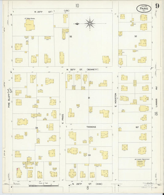Sanborn Fire Insurance Map from Paris, Lamar County, Texas (1908), Sheet #0009 - Historic Sanborn Fire Insurance Map Print, vintage old map wall art, antique decor, genealogy gift, Texas Texas map