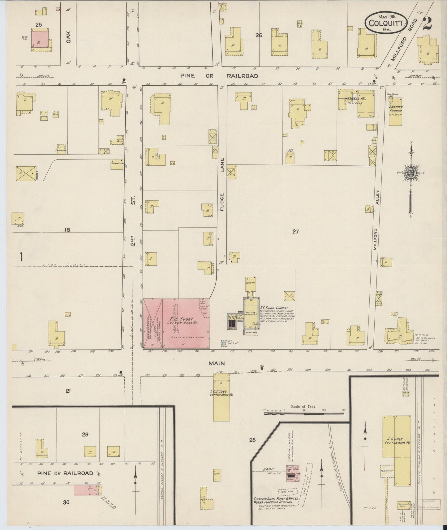 Sanborn Fire Insurance Map from Colquitt, Miller County, Georgia (1915), Sheet #0002 - Historic Sanborn Fire Insurance Map Print, vintage old map wall art, antique decor, genealogy gift, Georgia Georgia map
