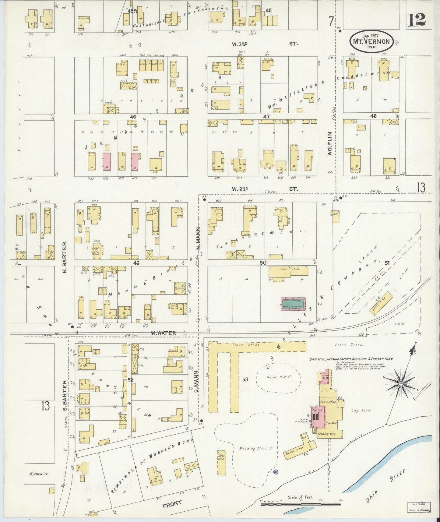 Sanborn Fire Insurance Map from Mount Vernon, Posey County, Indiana (1907), Sheet #0012 - Complete Map Set gallery image, historic Sanborn map, vintage wall art, Indiana Indiana