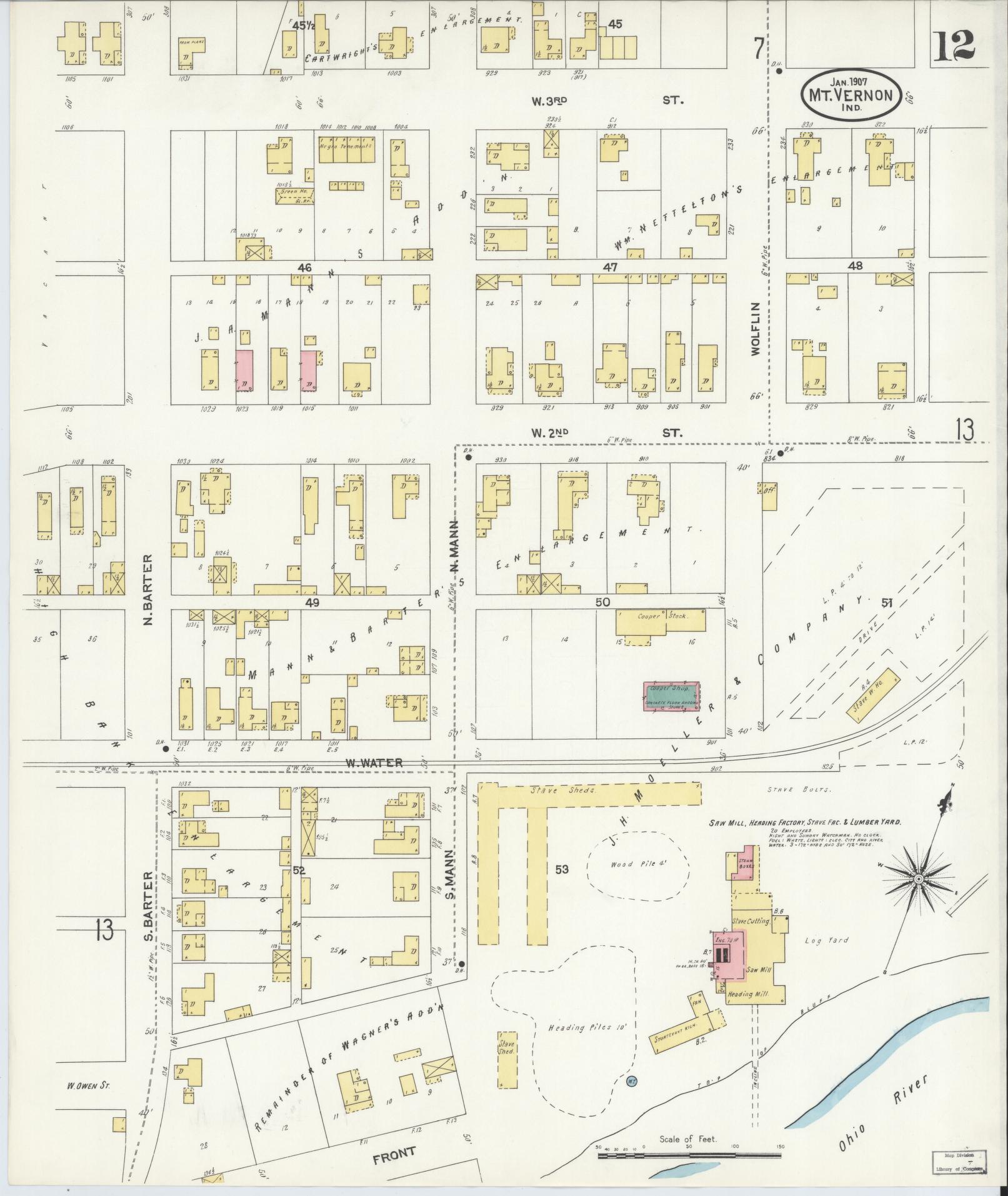 Sanborn Fire Insurance Map from Mount Vernon, Posey County, Indiana (1907), Sheet #0012 - Complete Map Set gallery image, historic Sanborn map, vintage wall art, Indiana Indiana