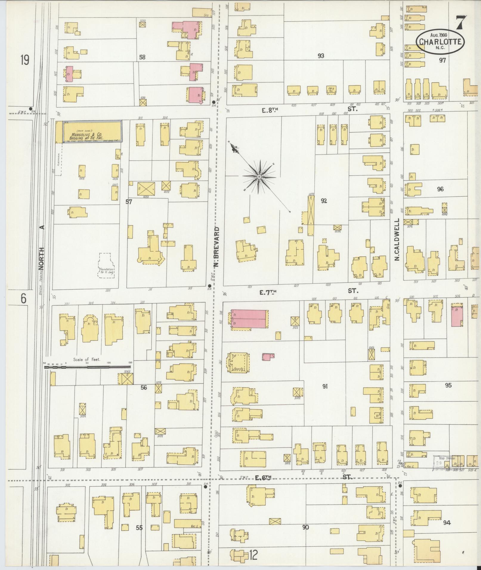 Sanborn Fire Insurance Map from Charlotte, Mecklenburg County, North Carolina (1900), Sheet #0007 - Historic Sanborn Fire Insurance Map Print, vintage old map wall art, antique decor, genealogy gift, North Carolina North Carolina map