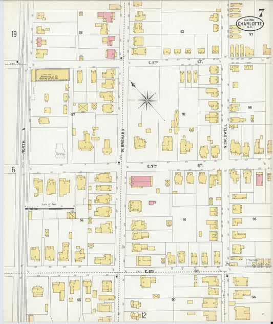 Sanborn Fire Insurance Map from Charlotte, Mecklenburg County, North Carolina (1900), Sheet #0007 - Historic Sanborn Fire Insurance Map Print, vintage old map wall art, antique decor, genealogy gift, North Carolina North Carolina map