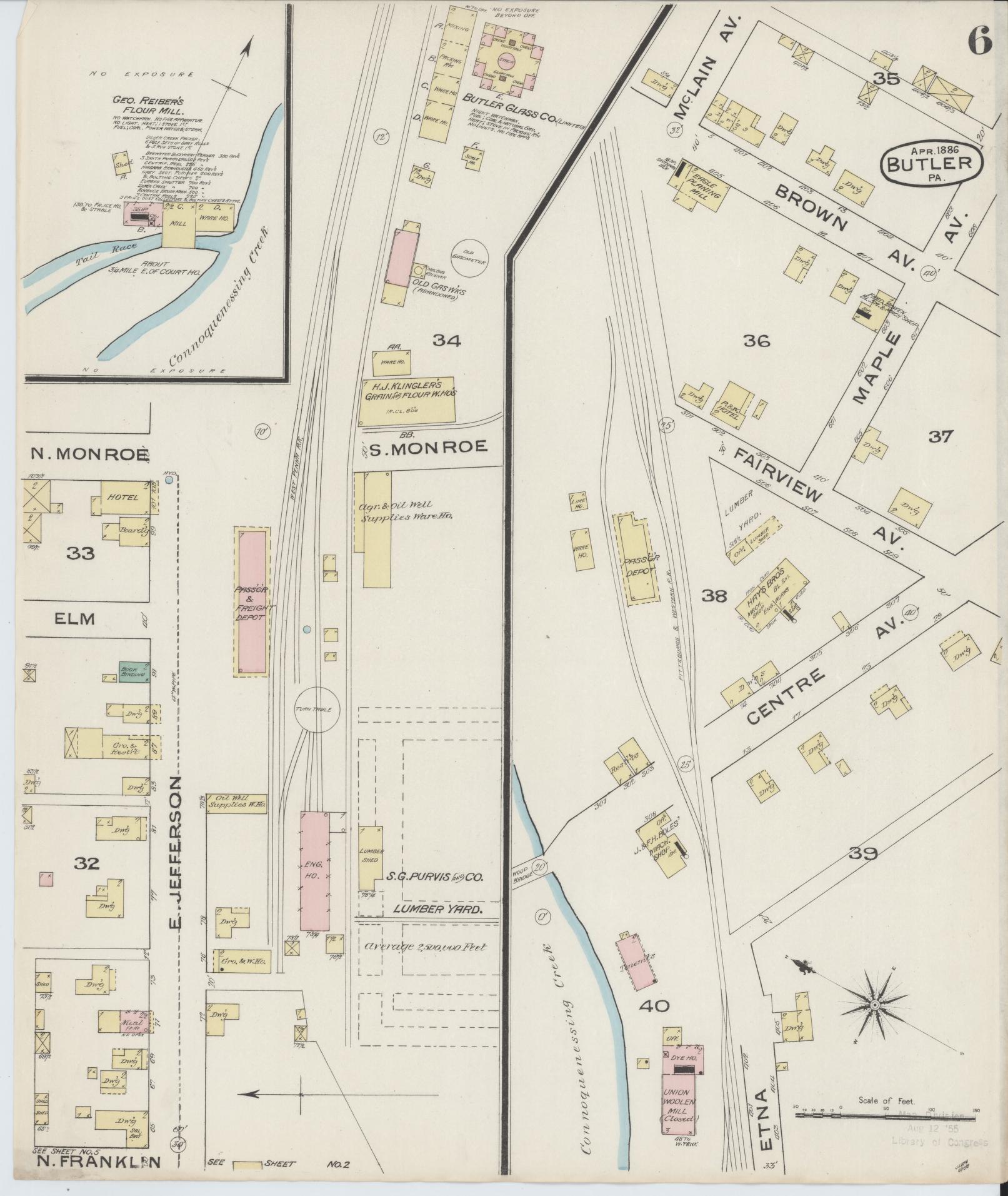 Sanborn Fire Insurance Map from Butler, Butler County, Pennsylvania (1886), Sheet #0006 - Historic Sanborn Fire Insurance Map Print, vintage old map wall art, antique decor, genealogy gift, Pennsylvania Pennsylvania map