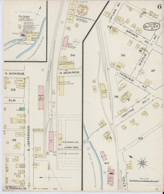 Sanborn Fire Insurance Map from Butler, Butler County, Pennsylvania (1886), Sheet #0006 - Historic Sanborn Fire Insurance Map Print, vintage old map wall art, antique decor, genealogy gift, Pennsylvania Pennsylvania map