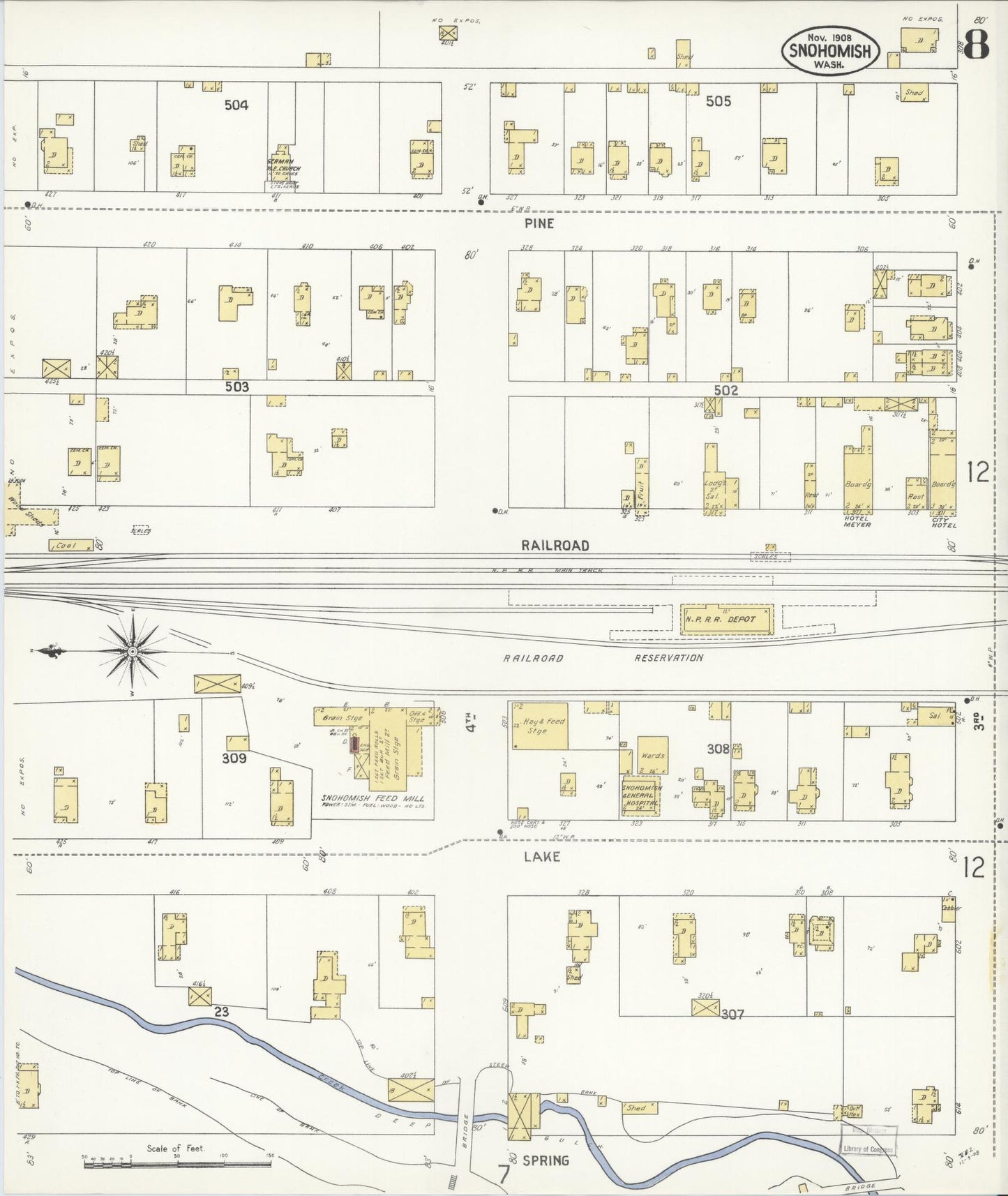 Sanborn Fire Insurance Map from Snohomish, Snohomish County, Washington (1908), Sheet #0008 - Complete Map Set gallery image, historic Sanborn map, vintage wall art, Washington Washington