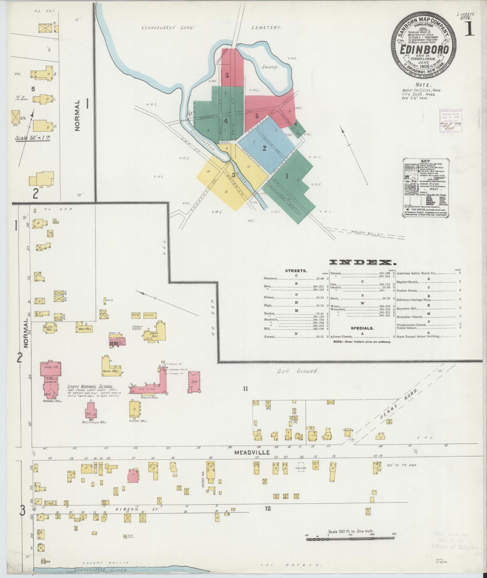 Sanborn Fire Insurance Map from Edinboro, Erie County, Pennsylvania (1906), Sheet #0001 - Historic Sanborn Fire Insurance Map Print, vintage old map wall art, antique decor, genealogy gift, Pennsylvania Pennsylvania map