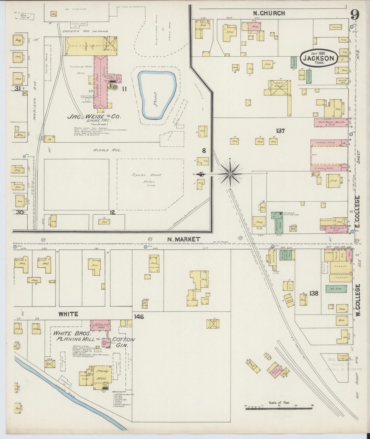 Sanborn Fire Insurance Map from Jackson, Madison County, Tennessee (1890), Sheet #0009 - Historic Sanborn Fire Insurance Map Print, vintage old map wall art, antique decor, genealogy gift, Tennessee Tennessee map