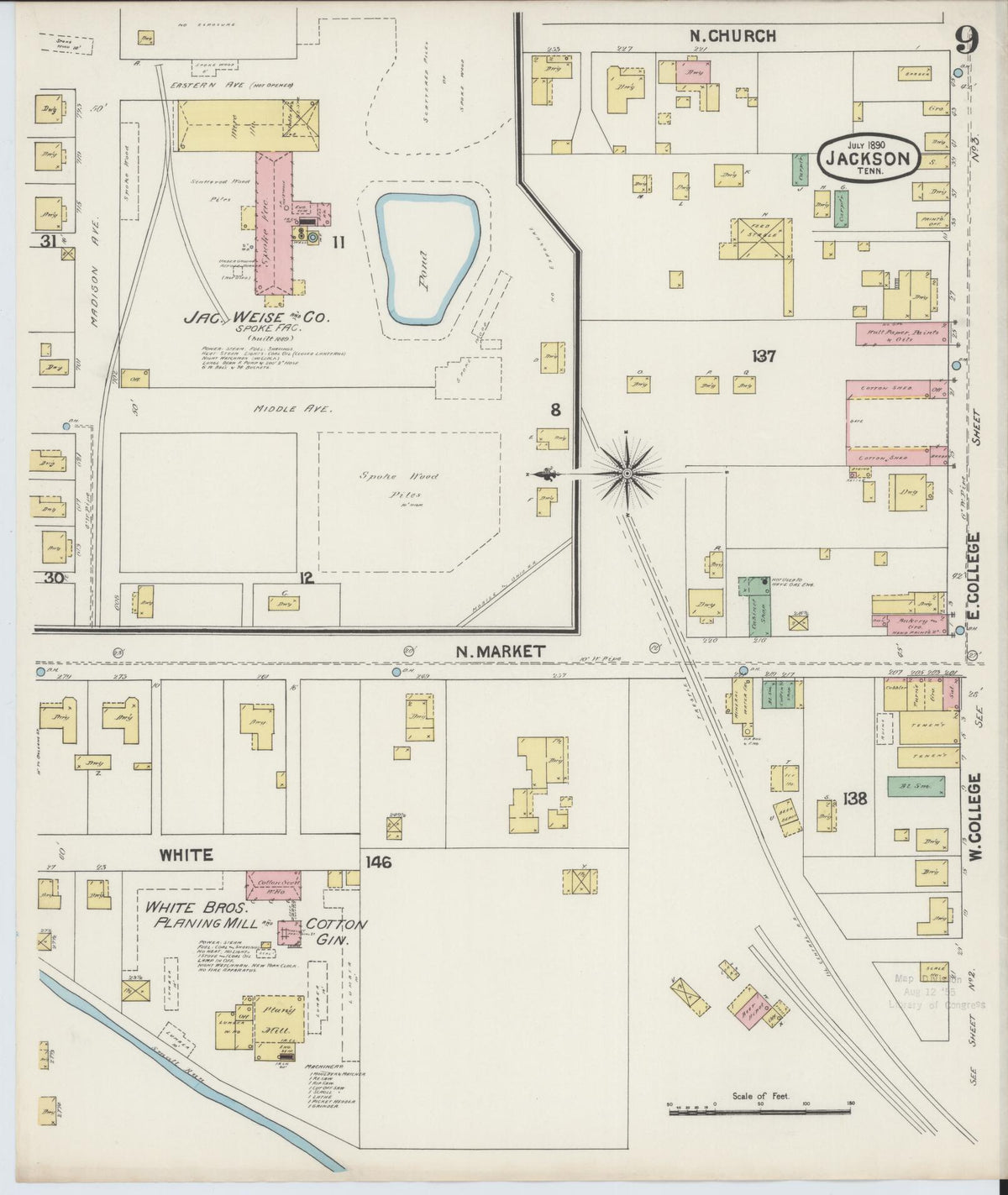 Sanborn Fire Insurance Map from Jackson, Madison County, Tennessee (1890), Sheet #0009 - Historic Sanborn Fire Insurance Map Print, vintage old map wall art, antique decor, genealogy gift, Tennessee Tennessee map