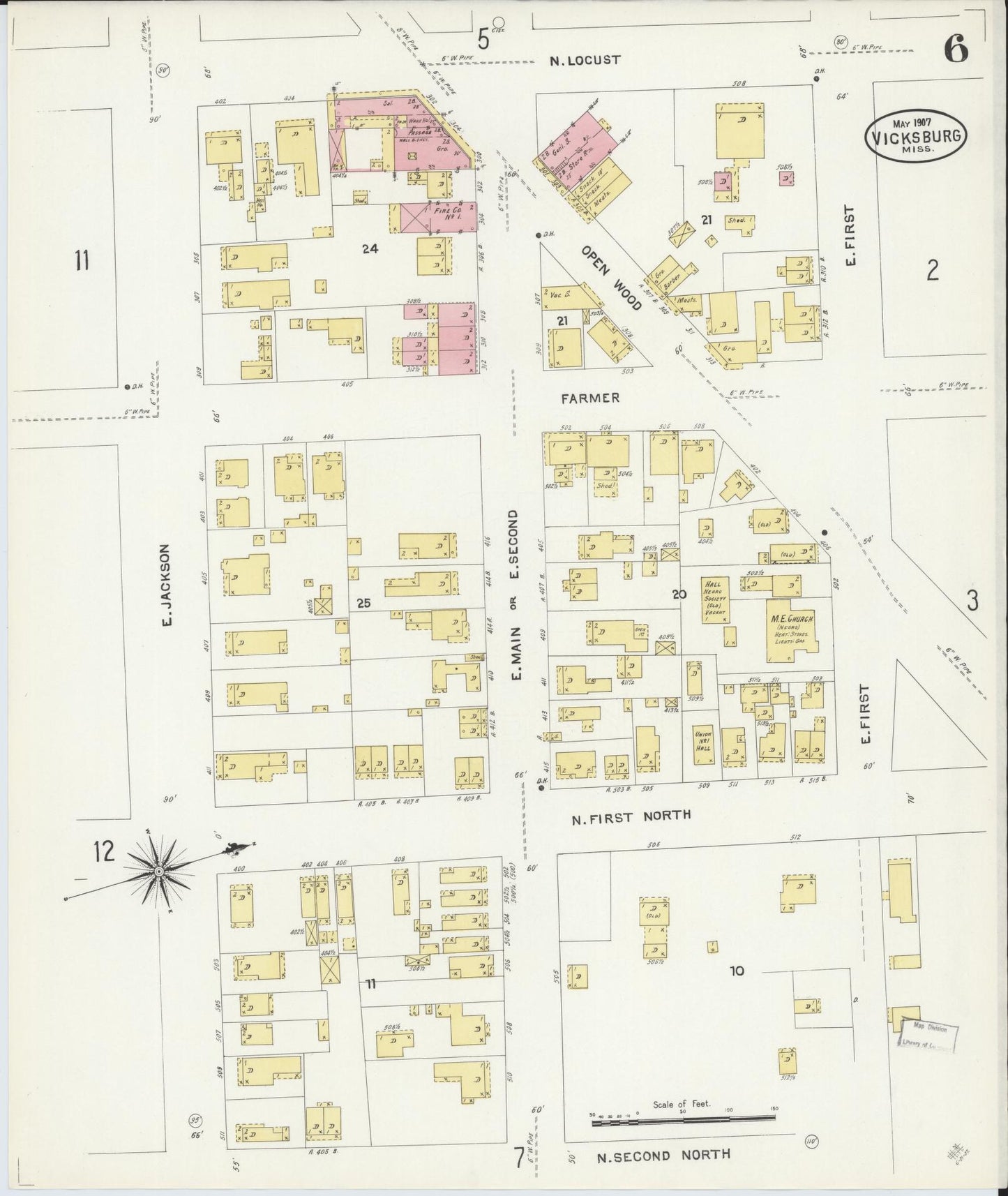 Sanborn Fire Insurance Map from Vicksburg, Warren County, Mississippi (1907), Sheet #0006 - Complete Map Set gallery image, historic Sanborn map, vintage wall art, Mississippi Mississippi