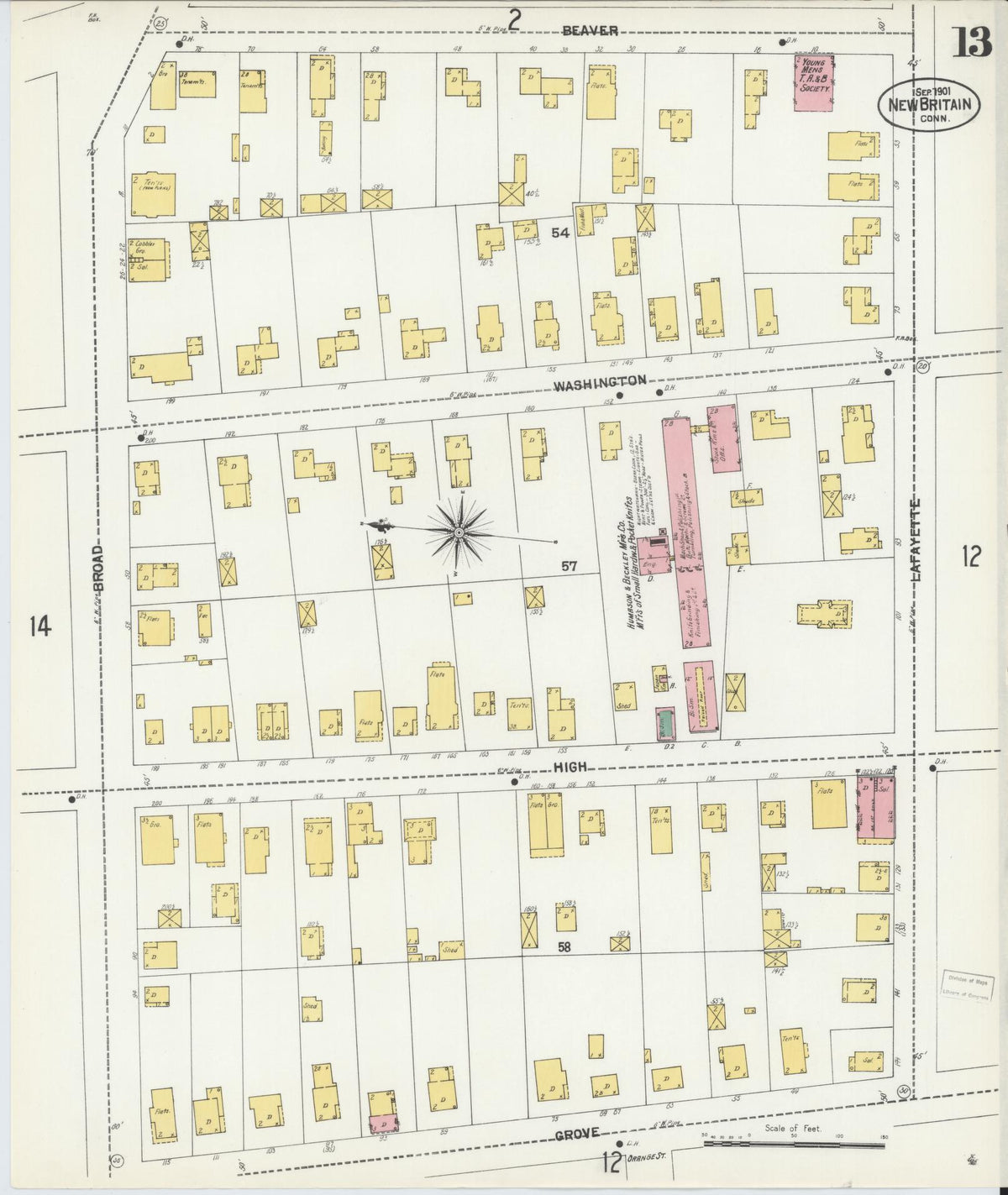 Sanborn Fire Insurance Map from New Britain, Hartford County, Connecticut (1901), Sheet #0013 - Complete Map Set gallery image, historic Sanborn map, vintage wall art, Connecticut Connecticut