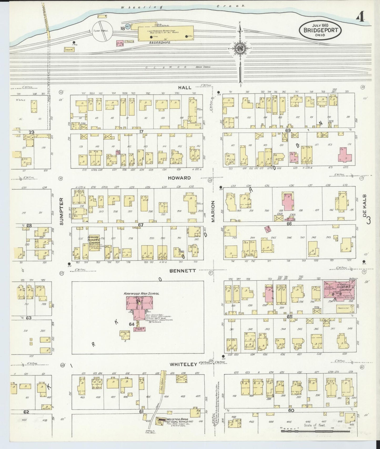 Sanborn Fire Insurance Map from Bridgeport, Belmont County, Ohio (1910), Sheet #0004 - Historic Sanborn Fire Insurance Map Print, vintage old map wall art, antique decor, genealogy gift, Ohio Ohio map