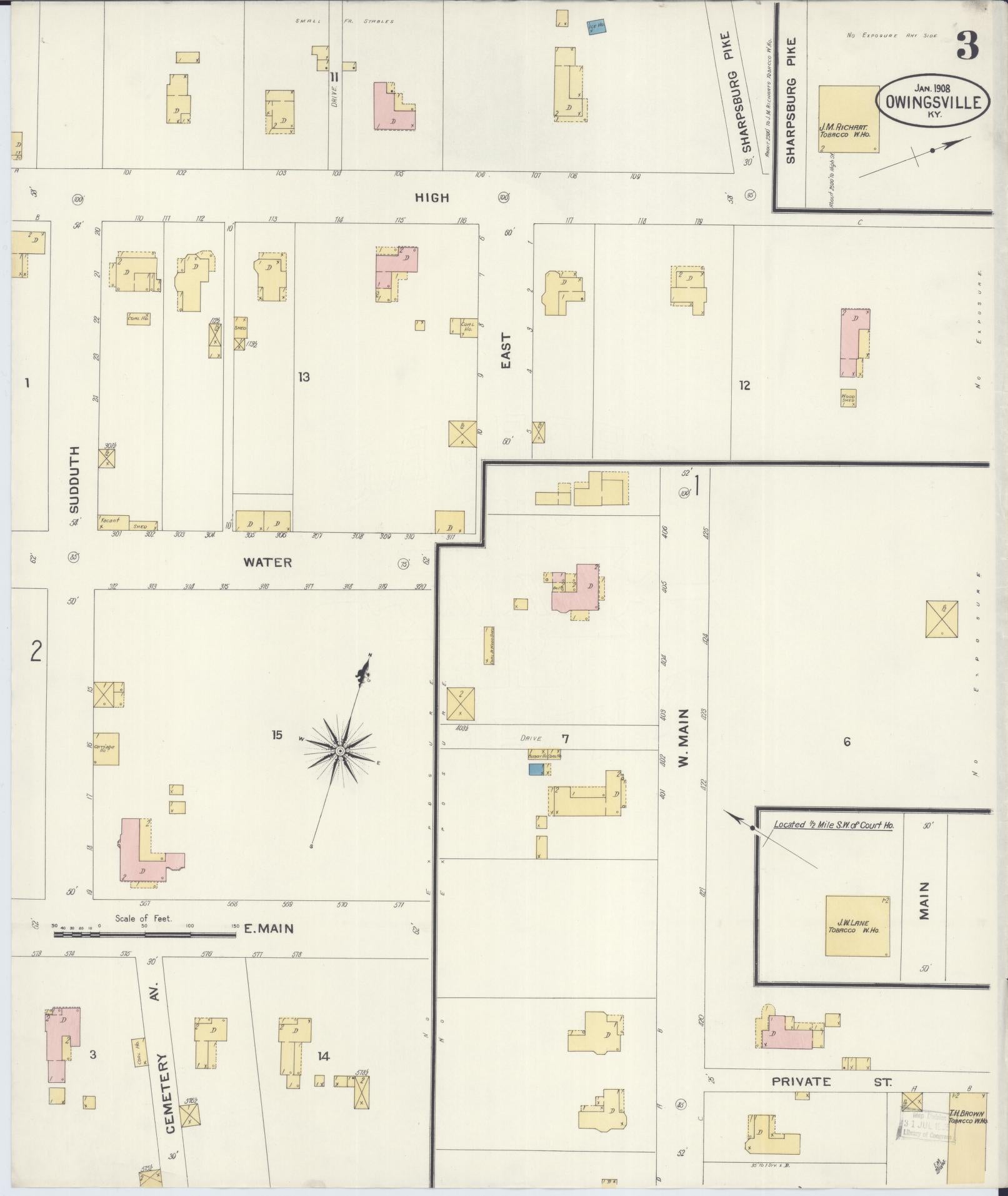 Sanborn Fire Insurance Map from Owingsville, Bath County, Kentucky (1908), Sheet #0003 - Complete Map Set gallery image, historic Sanborn map, vintage wall art, Kentucky Kentucky