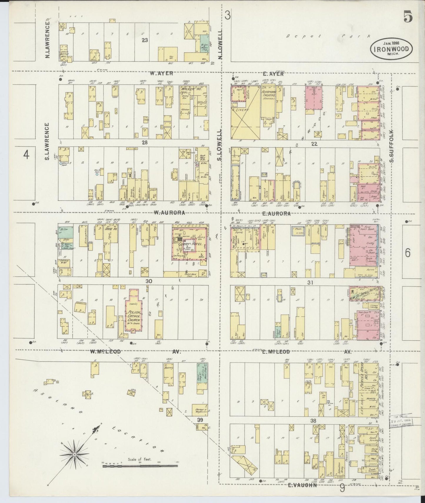 Sanborn Fire Insurance Map from Ironwood, Gogebic County, Michigan (1898), Sheet #0005 - Historic Sanborn Fire Insurance Map Print, vintage old map wall art, antique decor, genealogy gift, Michigan Michigan map