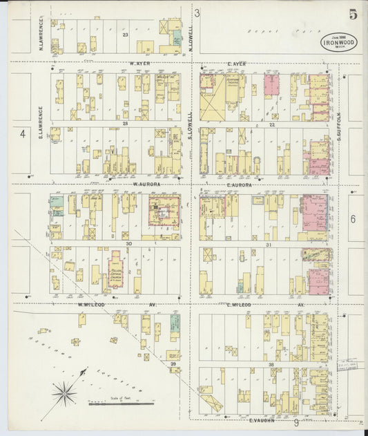 Sanborn Fire Insurance Map from Ironwood, Gogebic County, Michigan (1898), Sheet #0005 - Historic Sanborn Fire Insurance Map Print, vintage old map wall art, antique decor, genealogy gift, Michigan Michigan map