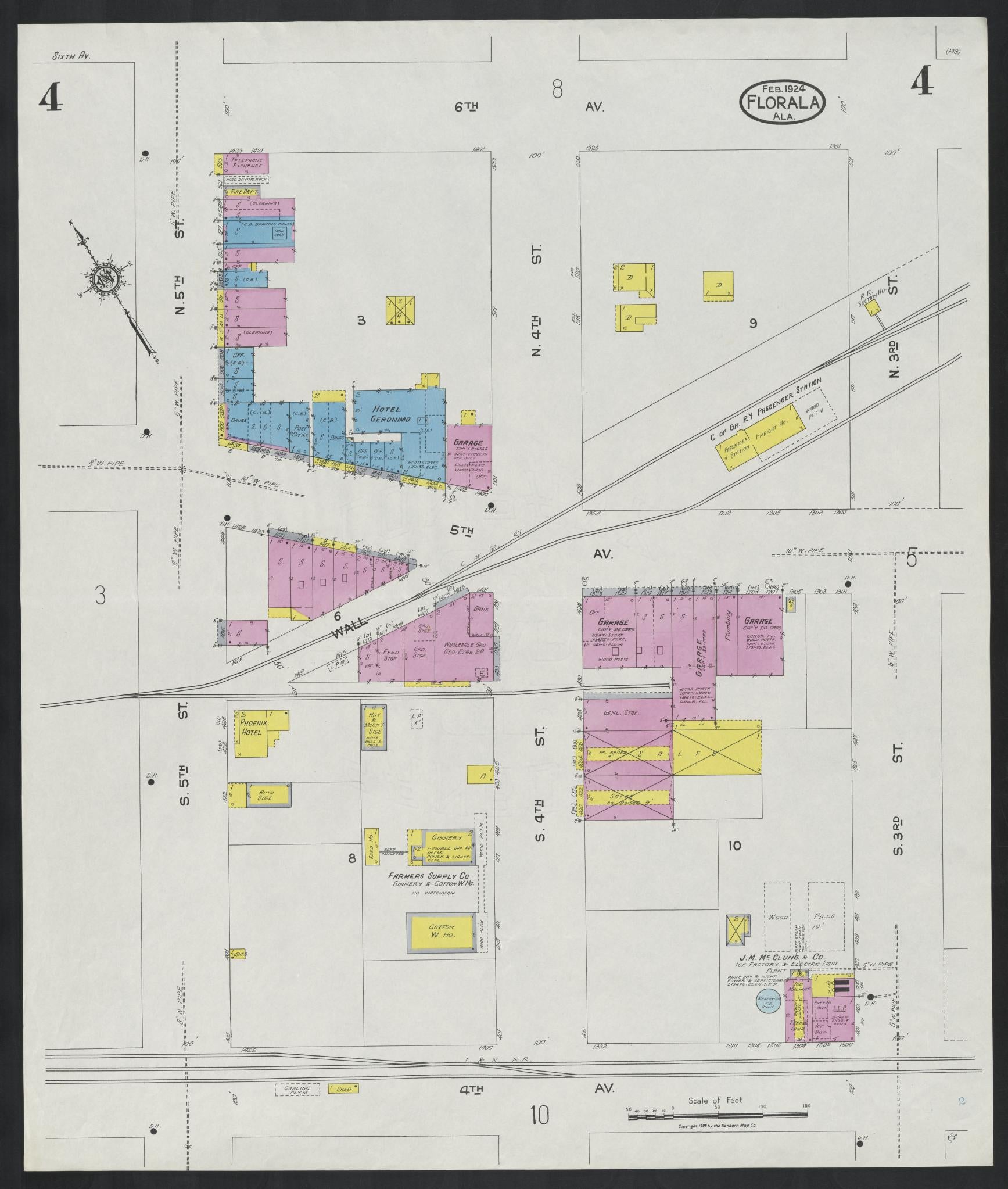 Sanborn Fire Insurance Map from Florala, Covington County, Alabama (1924), Sheet #0004 - Historic Sanborn Fire Insurance Map Print, vintage old map wall art, antique decor, genealogy gift, Alabama Alabama map