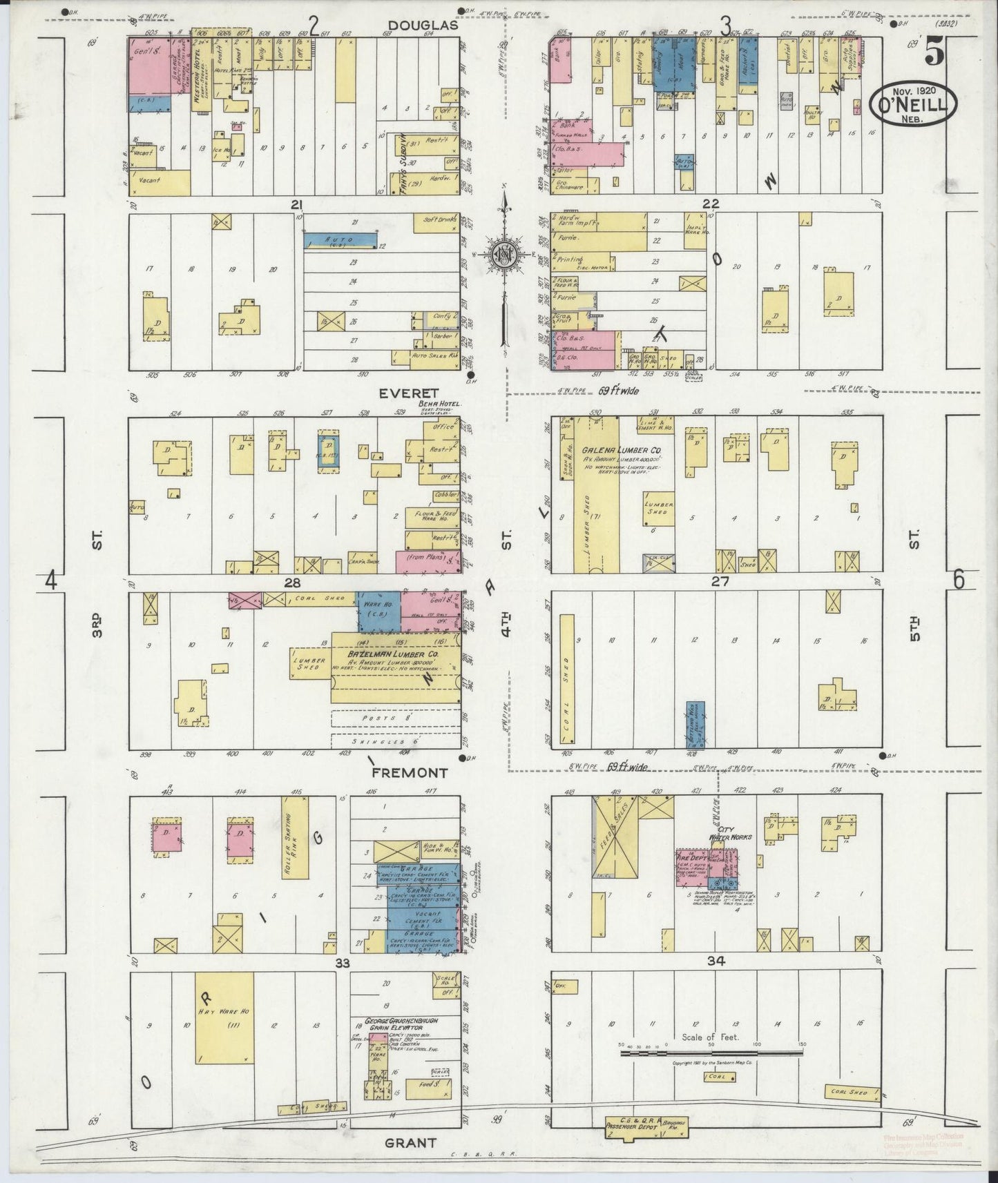 Sanborn Fire Insurance Map from O'Neill, Holt County, Nebraska (1920), Sheet #0005 - Complete Map Set gallery image, historic Sanborn map, vintage wall art, Nebraska Nebraska