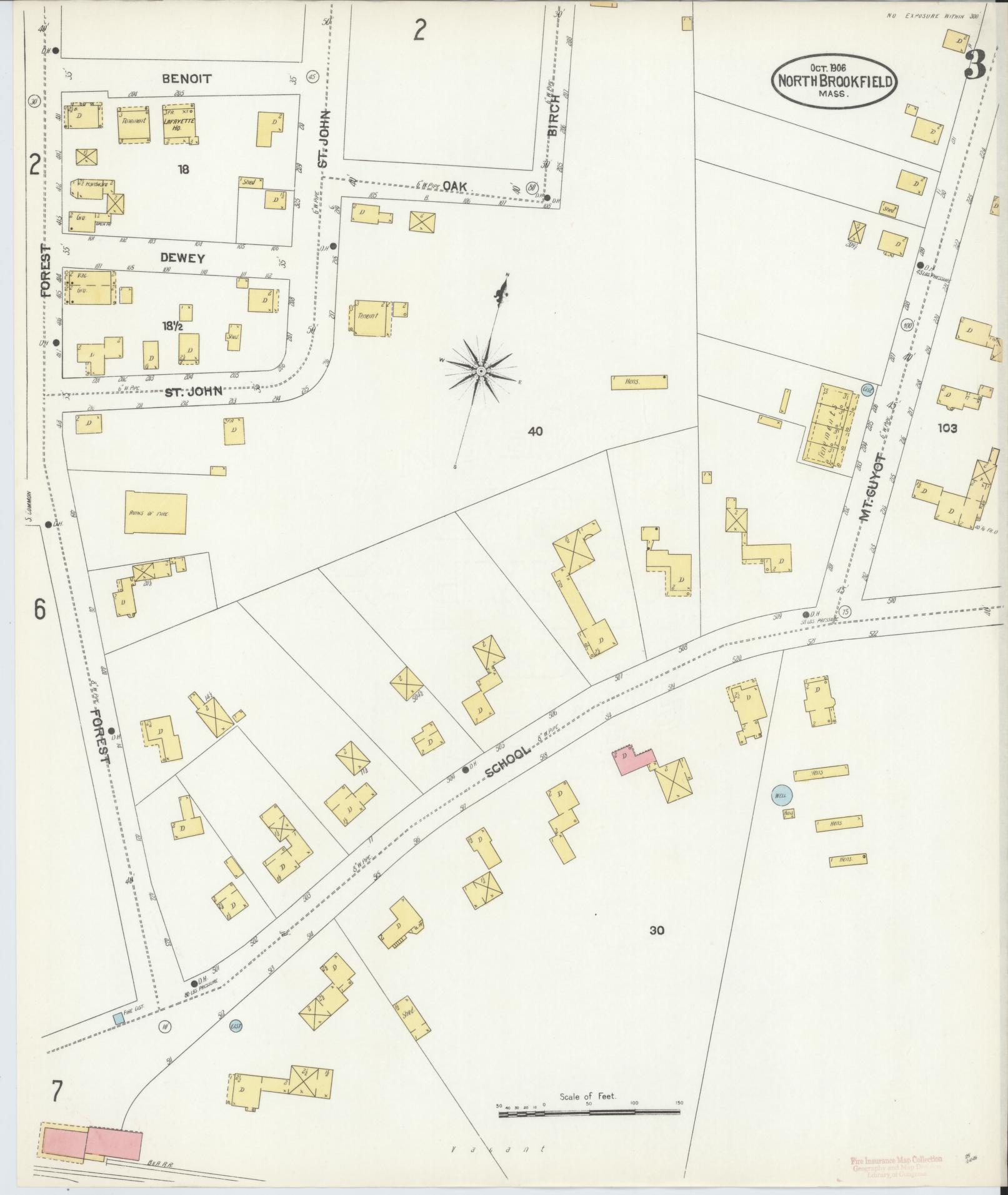 Sanborn Fire Insurance Map from North Brookfield, Worcester County, Massachusetts (1906), Sheet #0003 - Complete Map Set gallery image, historic Sanborn map, vintage wall art, Massachusetts Massachusetts