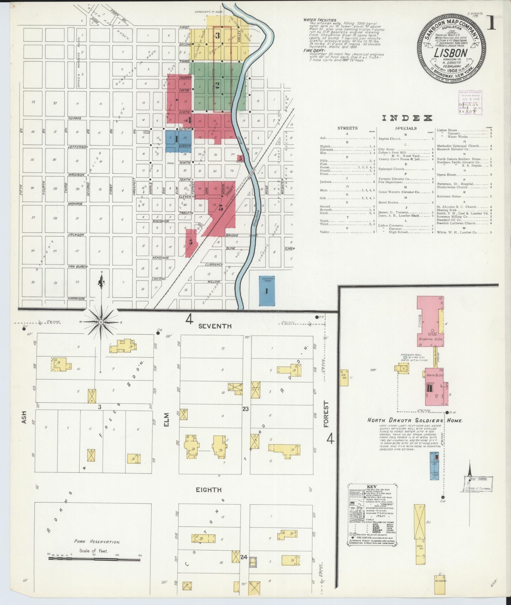 Sanborn Fire Insurance Map from Lisbon, Ransom County, North Dakota (1908), Sheet #0001 - Historic Sanborn Fire Insurance Map Print, vintage old map wall art, antique decor, genealogy gift, North Dakota North Dakota map