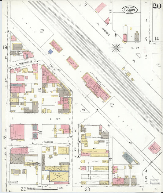 Sanborn Fire Insurance Map from Tucson, Pima County, Arizona (1909), Sheet #0020 - Historic Sanborn Fire Insurance Map Print, vintage old map wall art, antique decor, genealogy gift, Arizona Arizona map