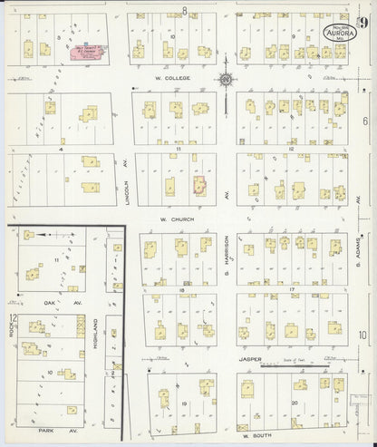 Sanborn Fire Insurance Map from Aurora, Lawrence County, Missouri (1914), Sheet #0009 - Complete Map Set gallery image, historic Sanborn map, vintage wall art, Missouri Missouri