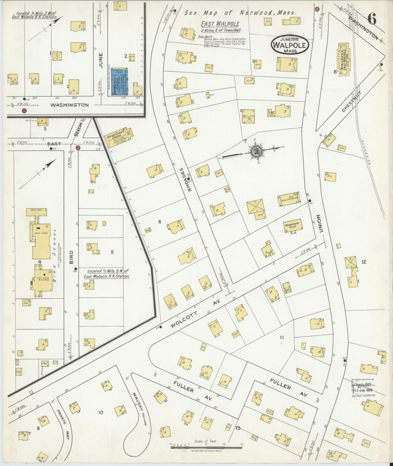 Sanborn Fire Insurance Map from Walpole, Norfolk County, Massachusetts (1918), Sheet #0006 - Complete Map Set gallery image, historic Sanborn map, vintage wall art, Massachusetts Massachusetts