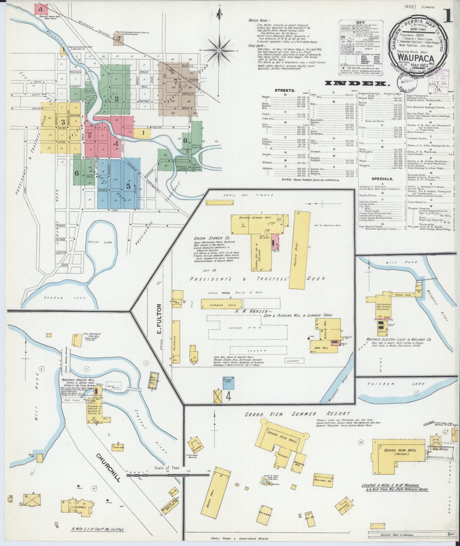 Sanborn Fire Insurance Map from Waupaca, Waupaca County, Wisconsin (1901), Sheet #0001 - Complete Map Set gallery image, historic Sanborn map, vintage wall art, Wisconsin Wisconsin