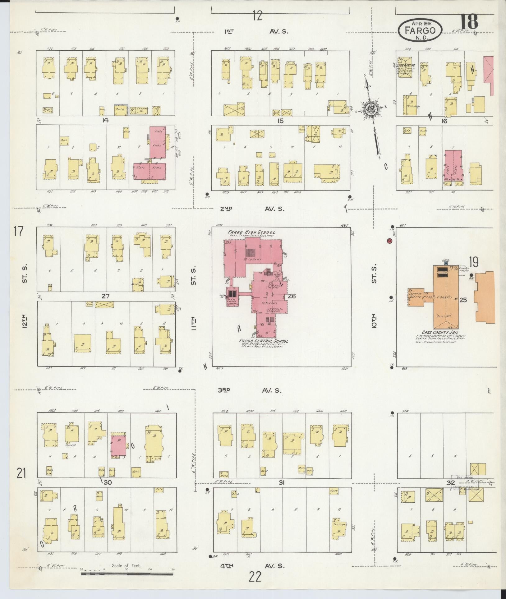 Sanborn Fire Insurance Map from Fargo, Cass County, North Dakota (1916), Sheet #0018 - Historic Sanborn Fire Insurance Map Print, vintage old map wall art, antique decor, genealogy gift, North Dakota North Dakota map